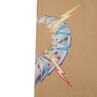 Shorts with a graphic of lightning bolts and hearts on a beige background