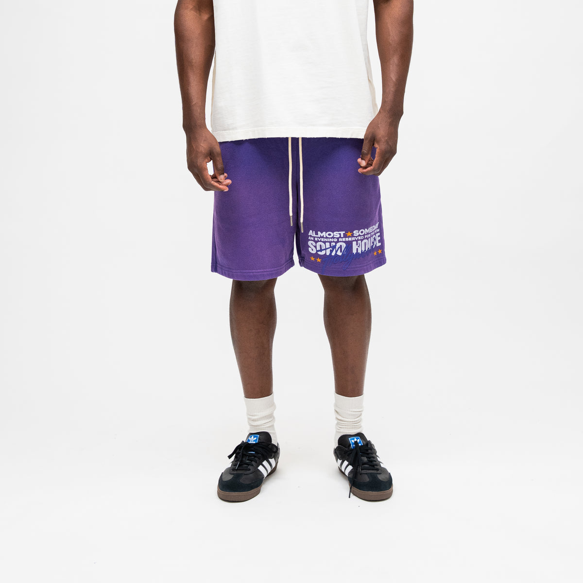 ALMOST SOMEDAY Soho Terry Shorts in Purple, front view