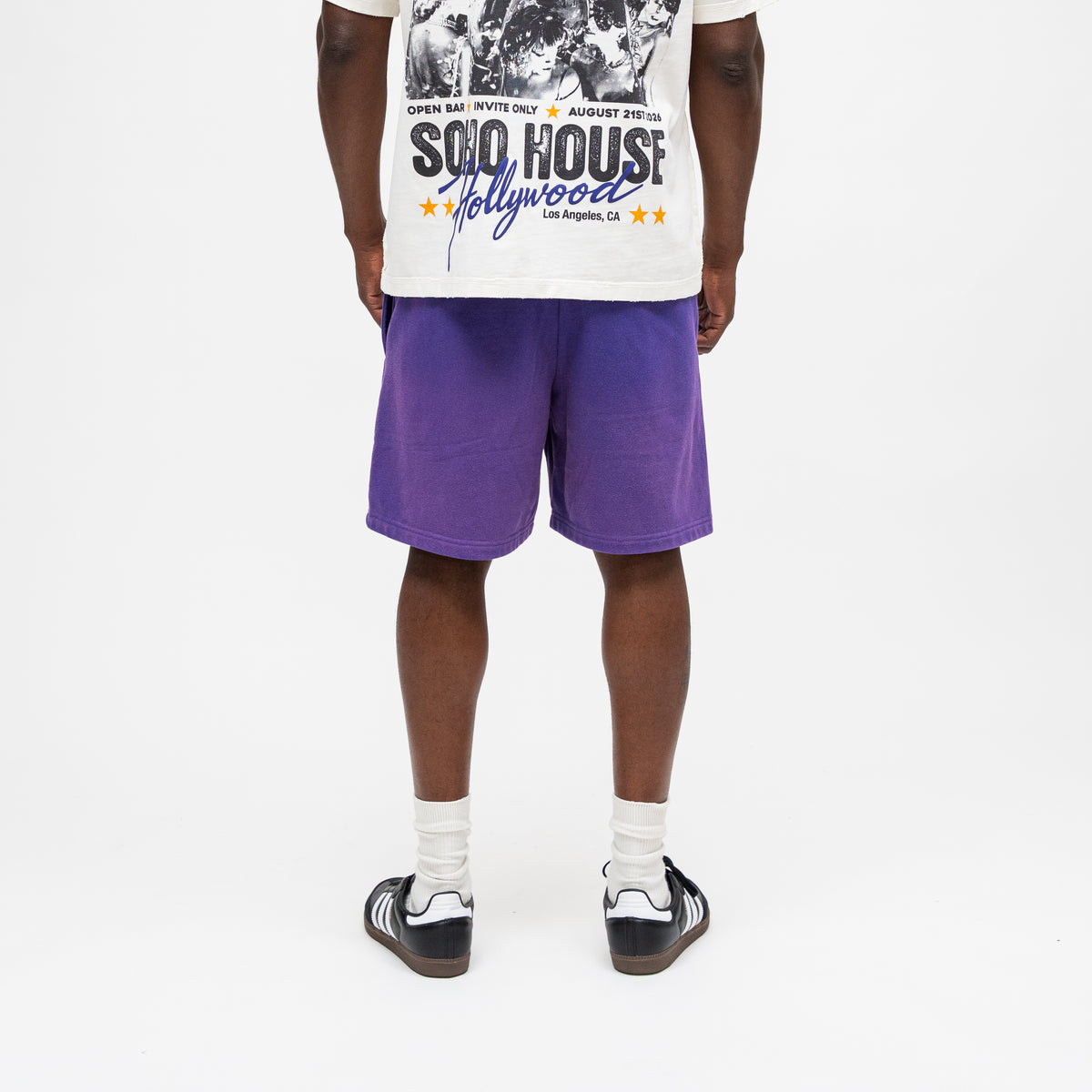 ALMOST SOMEDAY Soho Terry Shorts in Purple, back view