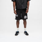 ALMOST SOMEDAY Vision Nylon Short in Black, front view with tiger graphic on left leg and script graphic on right leg