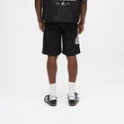 ALMOST SOMEDAY Vision Nylon Short in Black, back view showing relaxed fit and graphic detailing