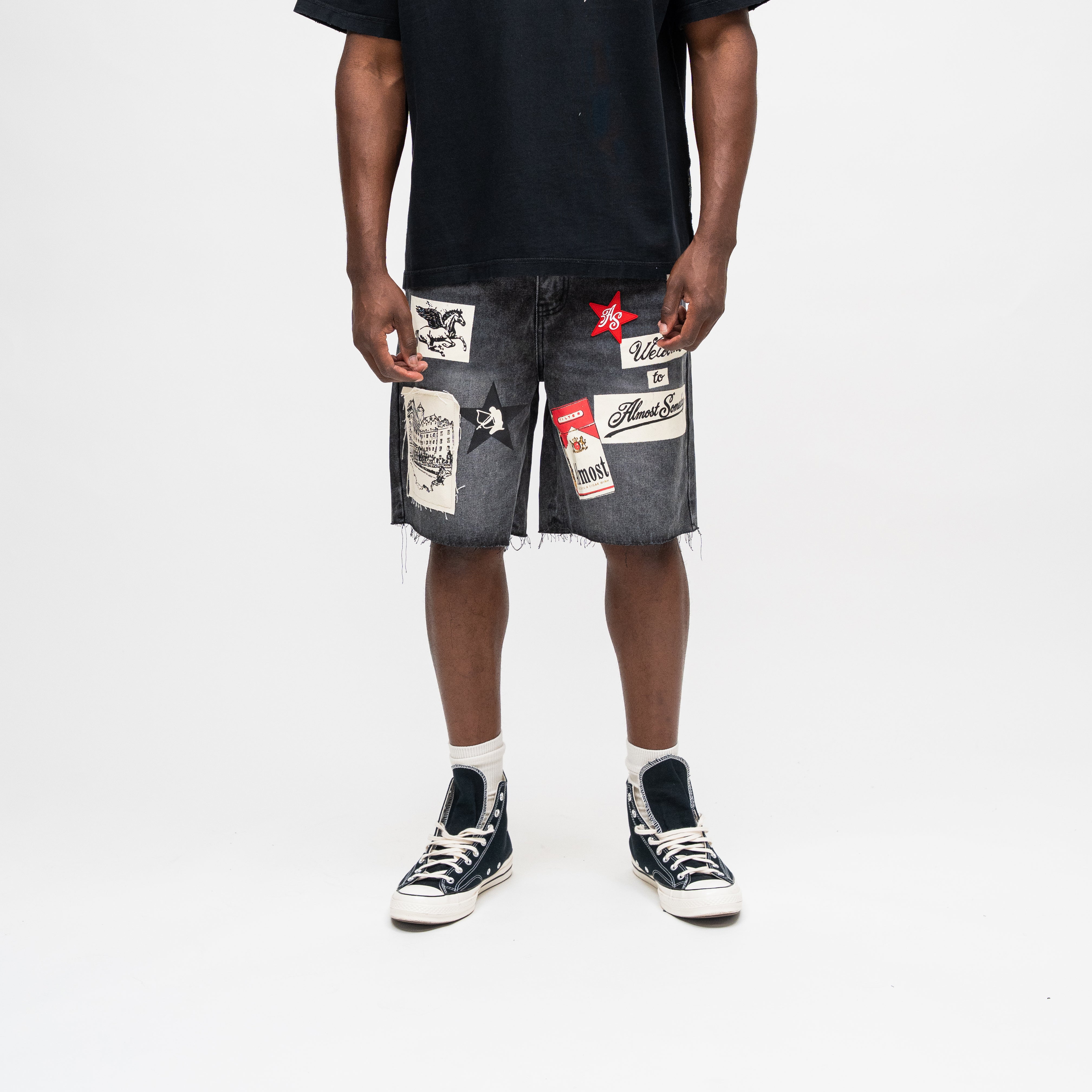 ALMOST SOMEDAY Welcome Denim Jort in Washed Black, front view