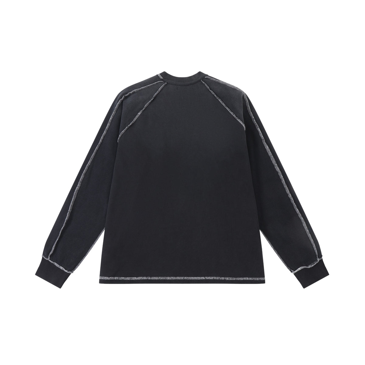 Alumni Crewneck – Black – Back flat lay showing plain back, long sleeves, and white contrast seams
