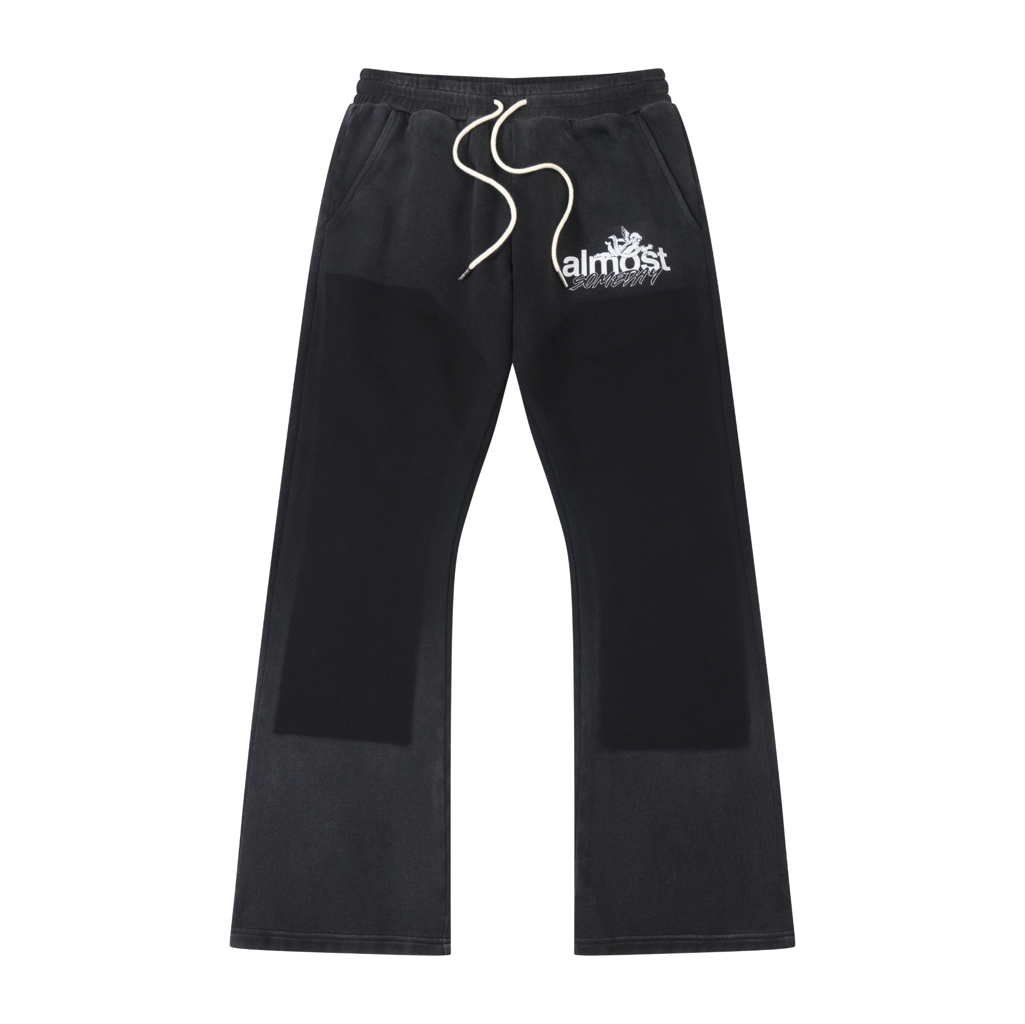 Enemies Flare Bottoms – Black – Front flat lay showing elastic waistband, white drawstrings, white thigh logo, and flared legs