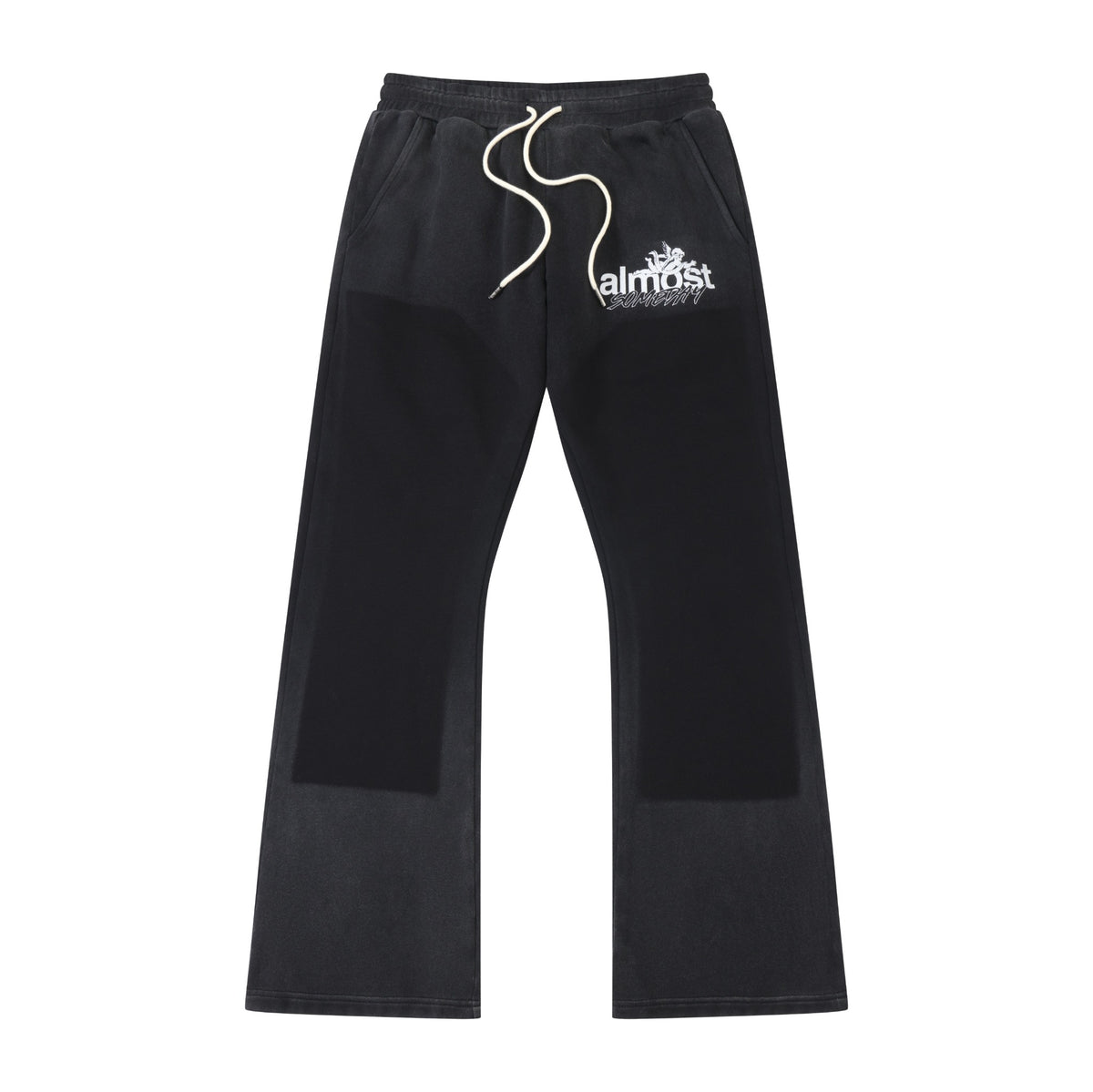 Enemies Flare Bottoms – Black – Front flat lay showing elastic waistband, white drawstrings, white thigh logo, and flared legs