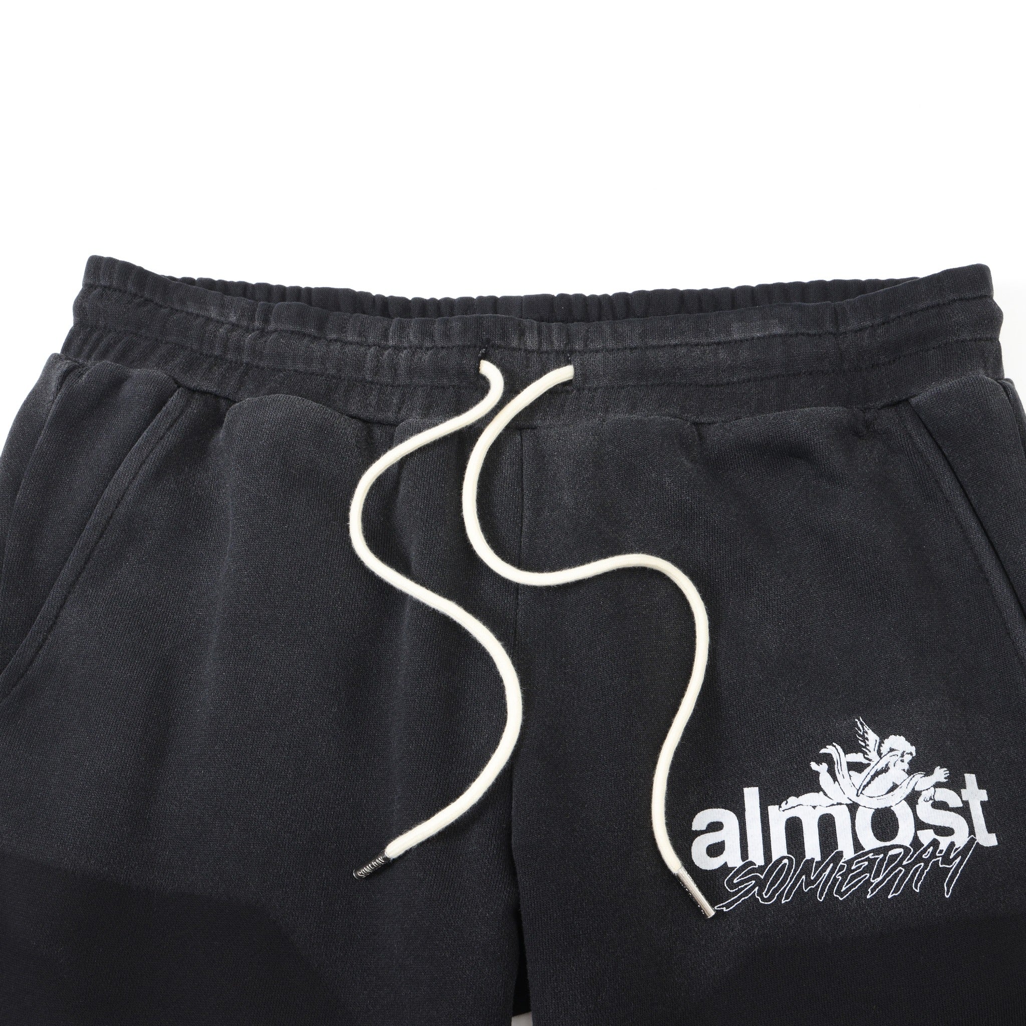 Enemies Flare Bottoms – Black – Close-up of elastic waistband, white drawstrings, side pockets, and thigh logo