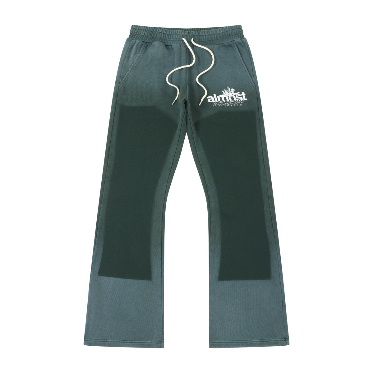 Enemies Flare Bottoms – Green – Front flat lay showing elastic waistband, white drawstrings, thigh logo, and dark tonal leg panels