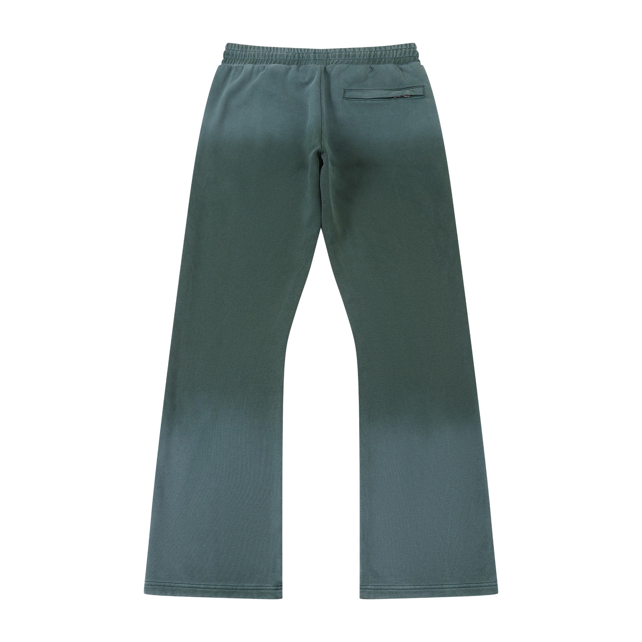 Enemies Flare Bottoms – Green – Back flat lay showing single rear welt pocket and flared legs