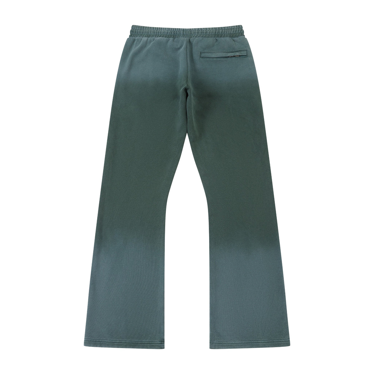 Enemies Flare Bottoms – Green – Back flat lay showing single rear welt pocket and flared legs