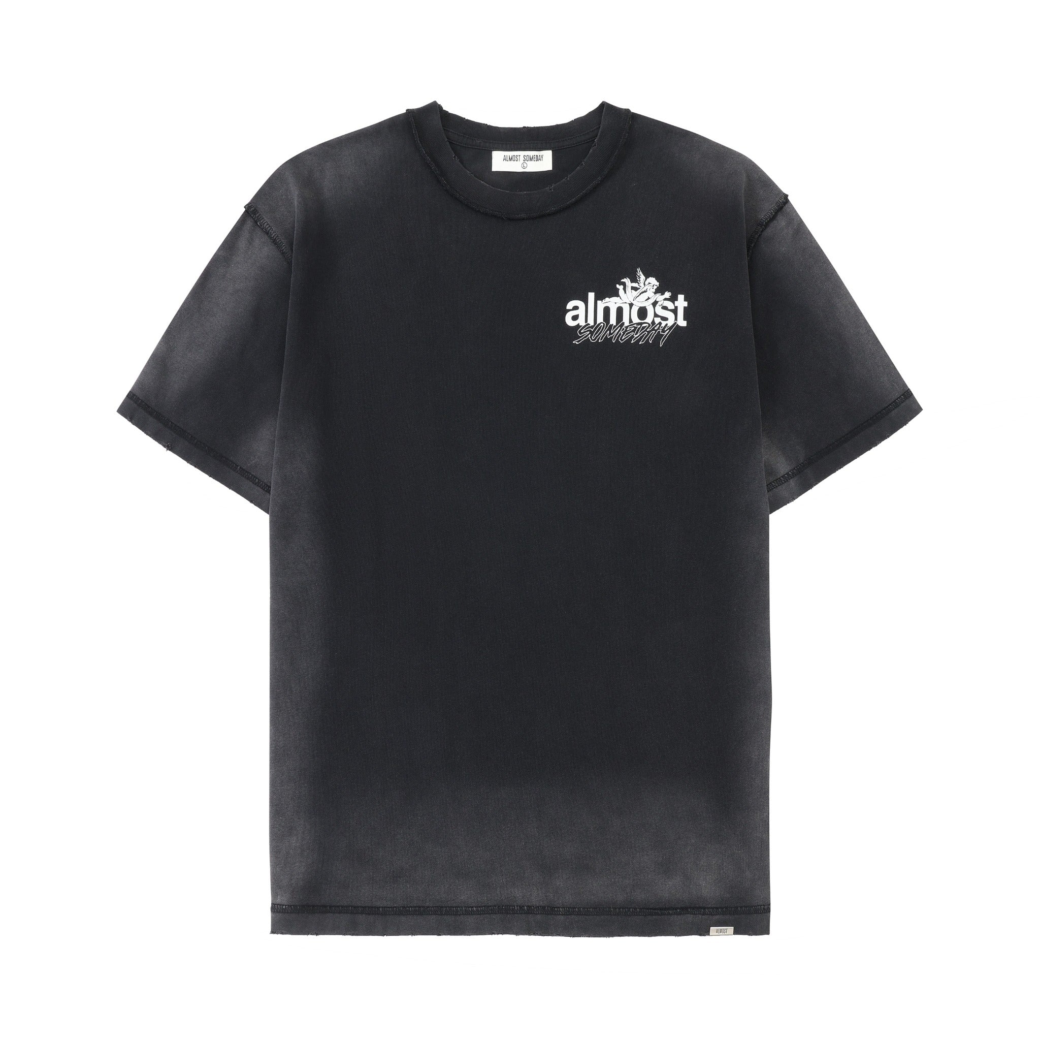 Enemies Tee – Black – Front flat lay showing white chest logo, crewneck, and short sleeves