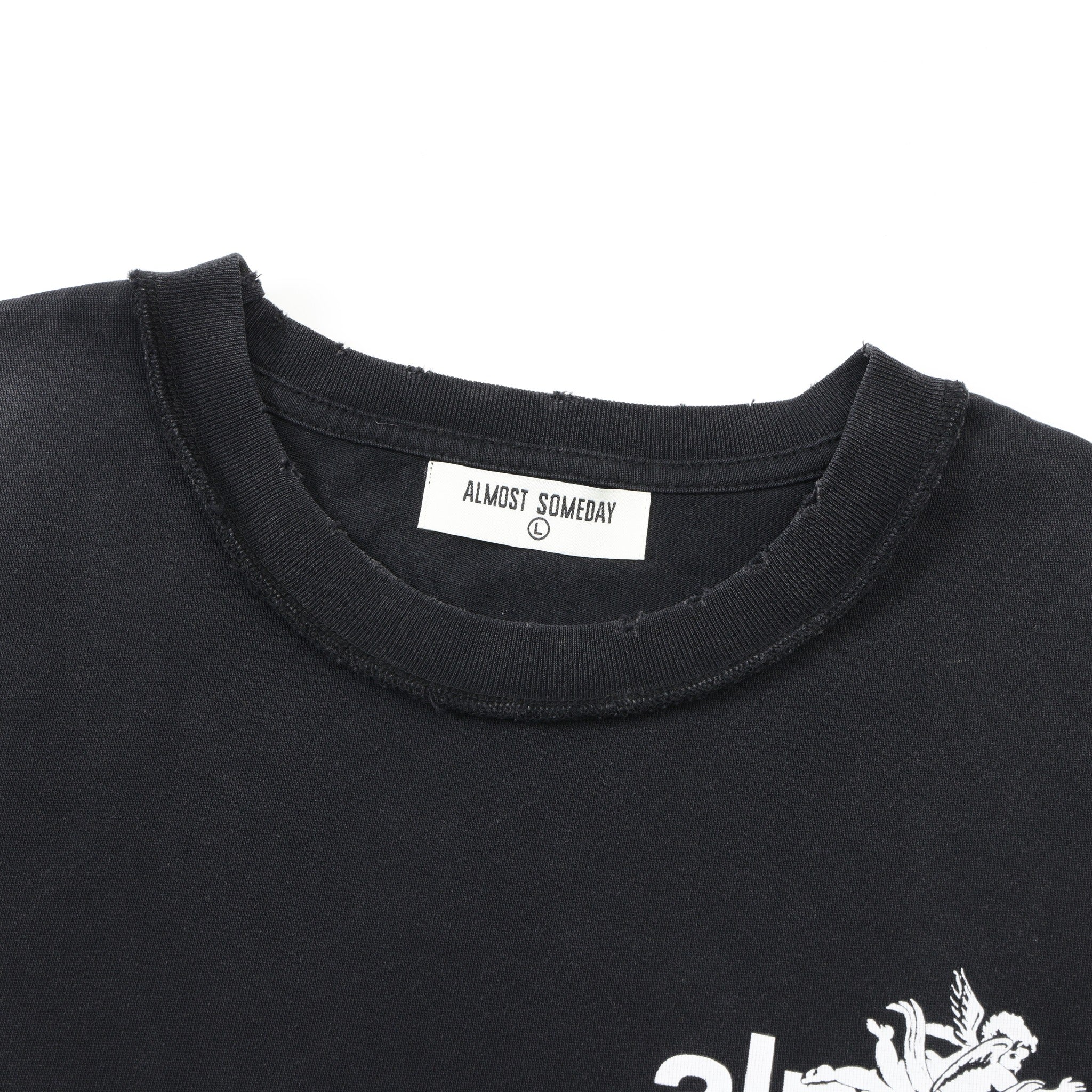 Enemies Tee – Black – Close-up of ribbed crewneck and interior ALMOST SOMEDAY label