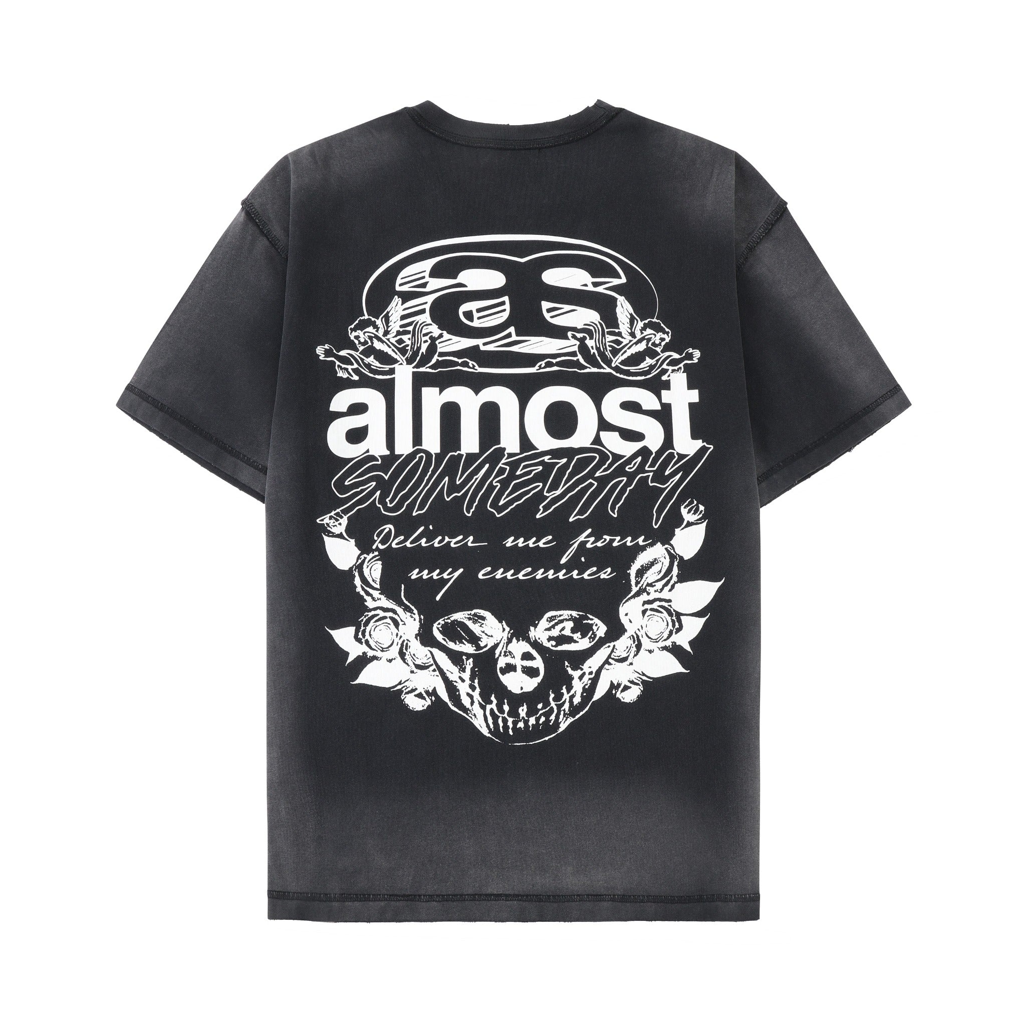 Enemies Tee – Black – Back flat lay showing white ALMOST SOMEDAY lettering, cherubs, roses, and skull artwork