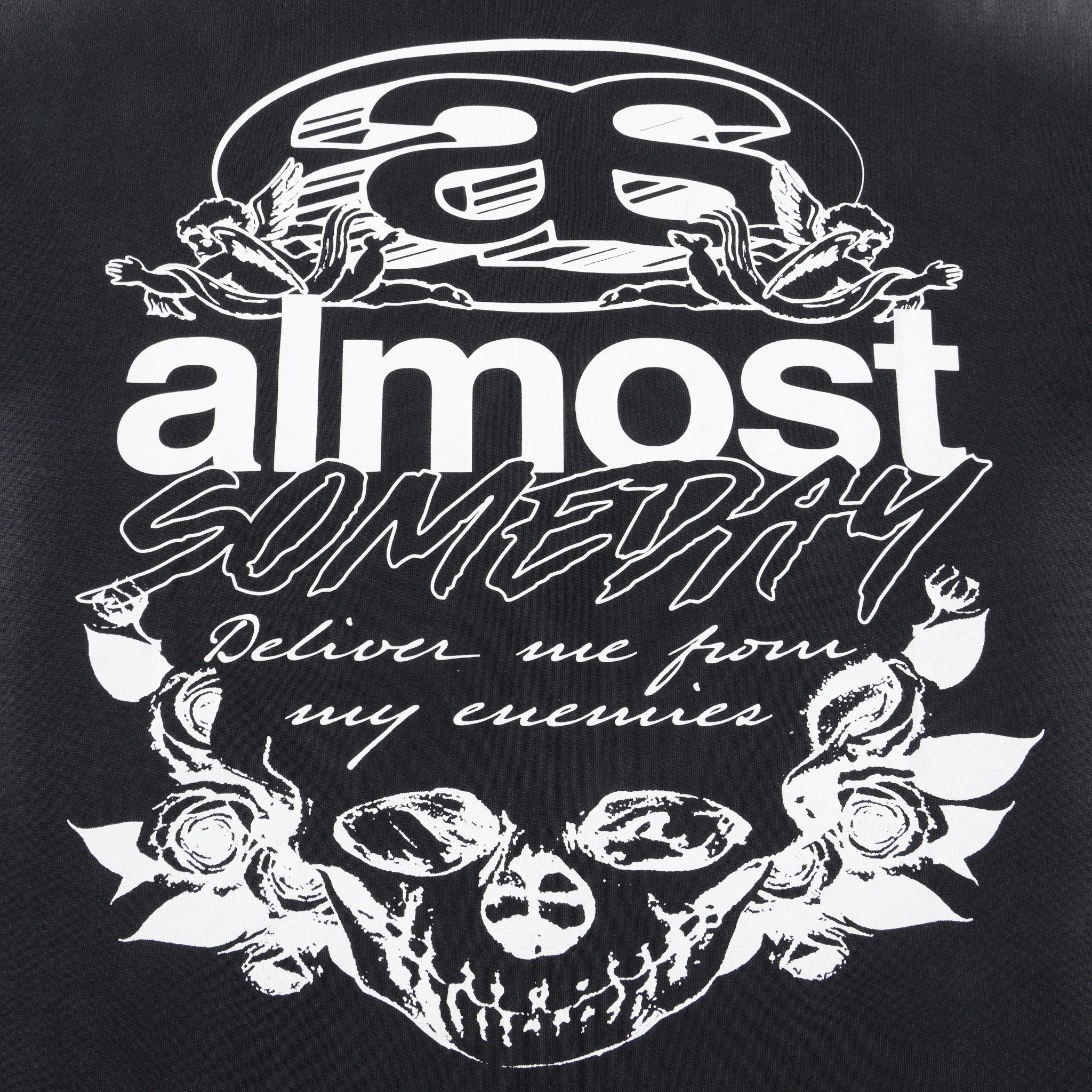 Enemies Tee – Black – Close-up of back artwork with skull, roses, cherubs, and Deliver me from my enemies lettering
