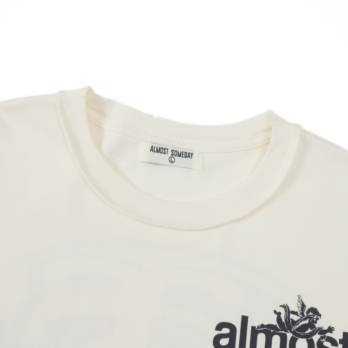 Enemies Tee – Cream – Close-up of ribbed crewneck and interior ALMOST SOMEDAY label
