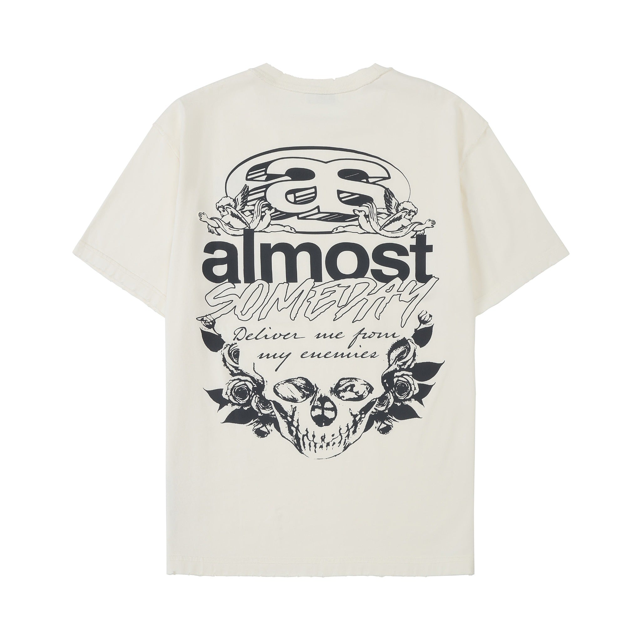 Enemies Tee – Cream – Back flat lay showing black ALMOST SOMEDAY lettering, cherubs, roses, and skull artwork