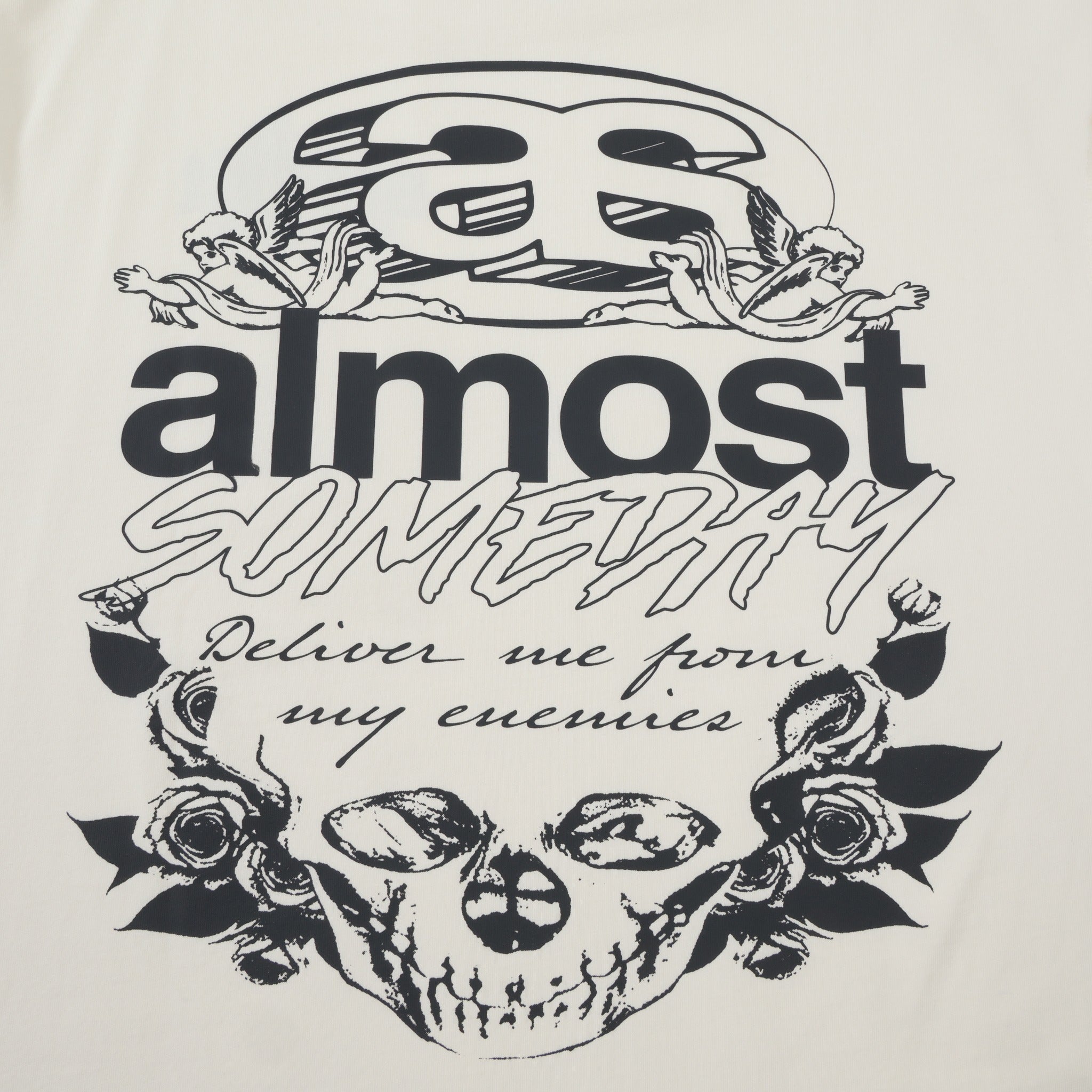 Enemies Tee – Cream – Close-up of back artwork with skull, roses, cherubs, and Deliver me from my enemies lettering