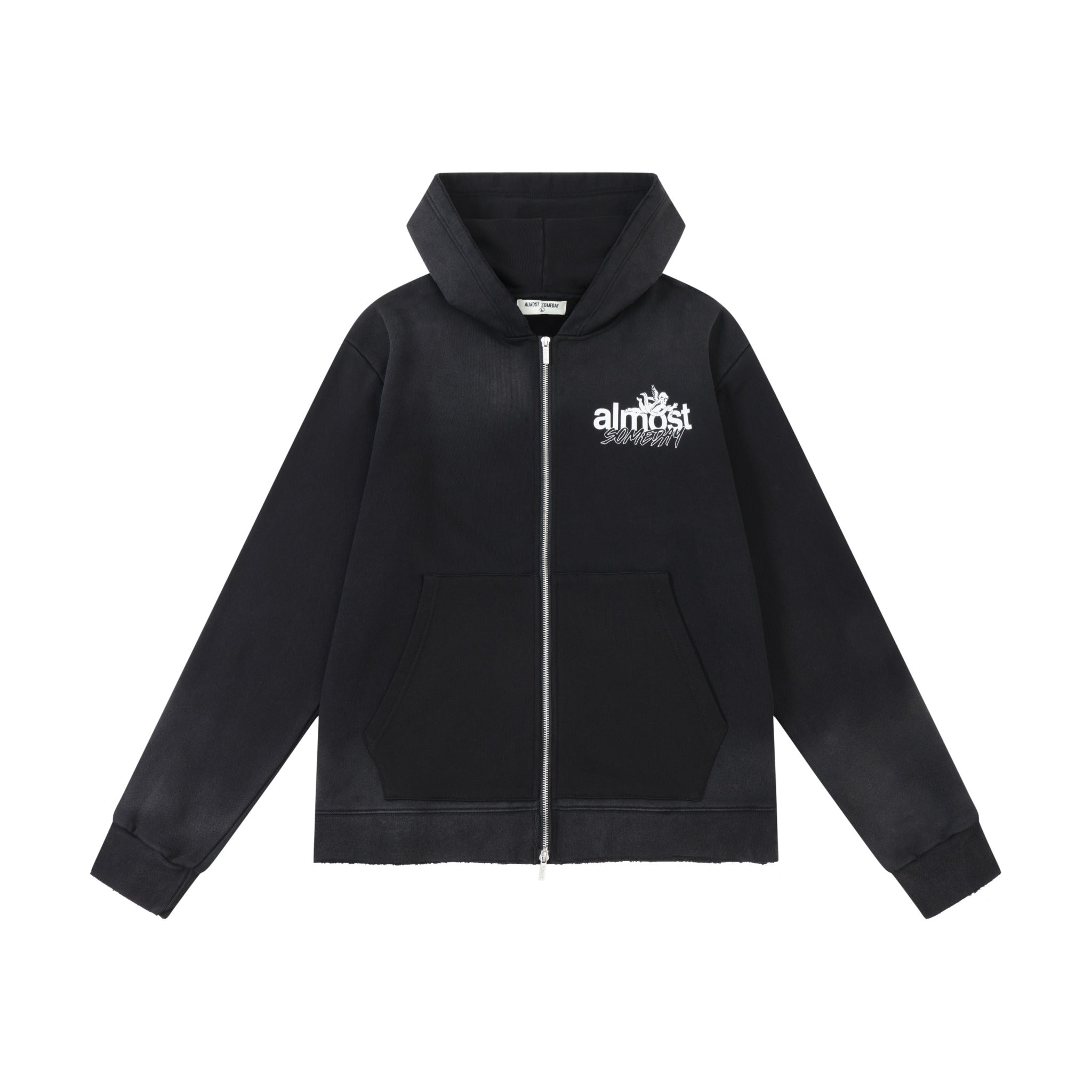 Enemies Zip Hoodie – Black – Front flat lay showing full zipper, hood, white chest logo, and front pocket detail