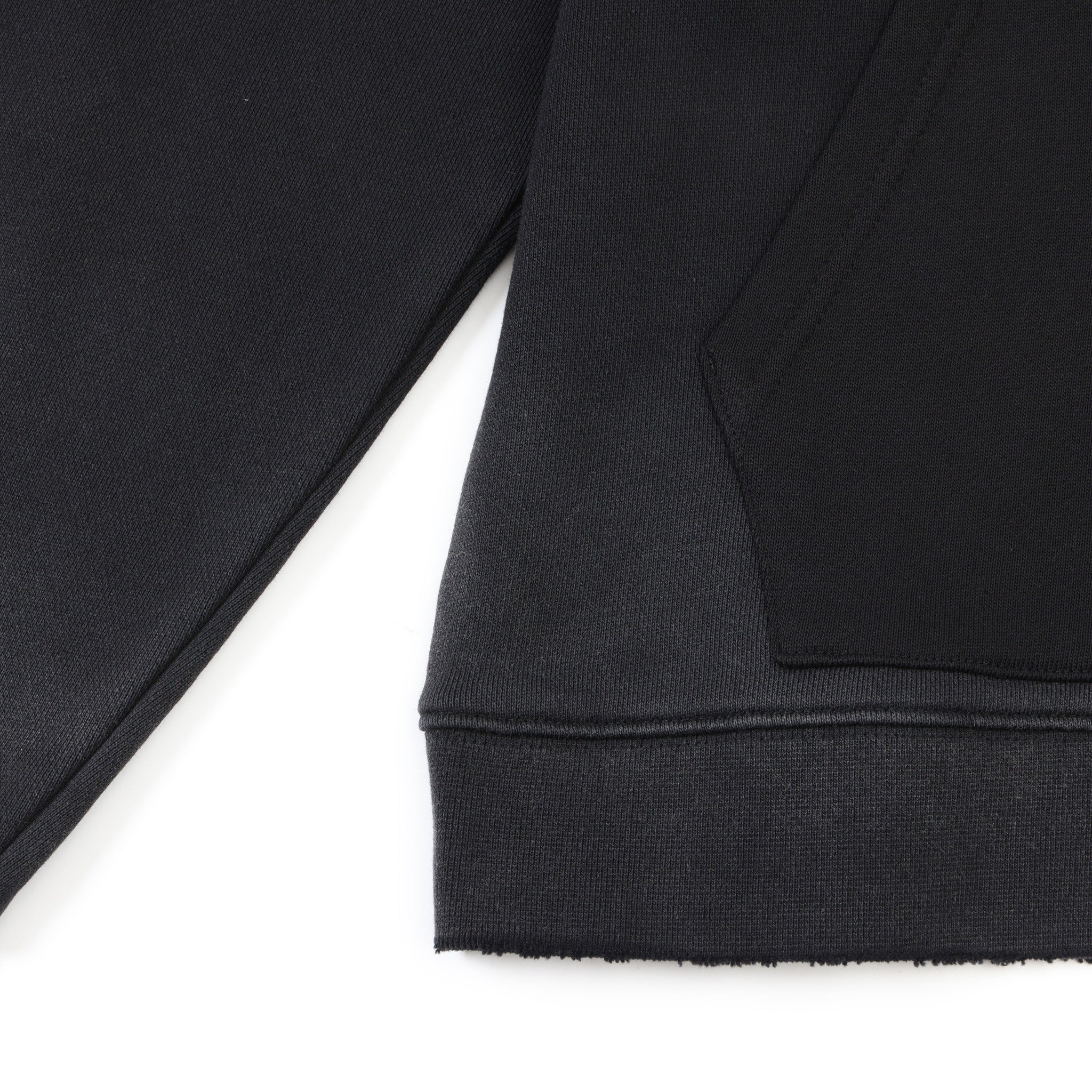Enemies Zip Hoodie – Black – Close-up of front pocket detail, ribbed bottom hem, and sleeve