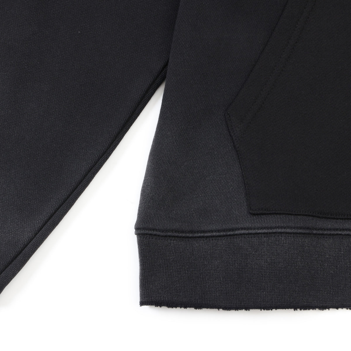 Enemies Zip Hoodie – Black – Close-up of front pocket detail, ribbed bottom hem, and sleeve