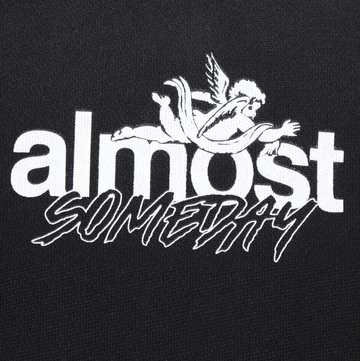 Enemies Zip Hoodie – Black – Close-up of white ALMOST SOMEDAY chest lettering and winged figure logo