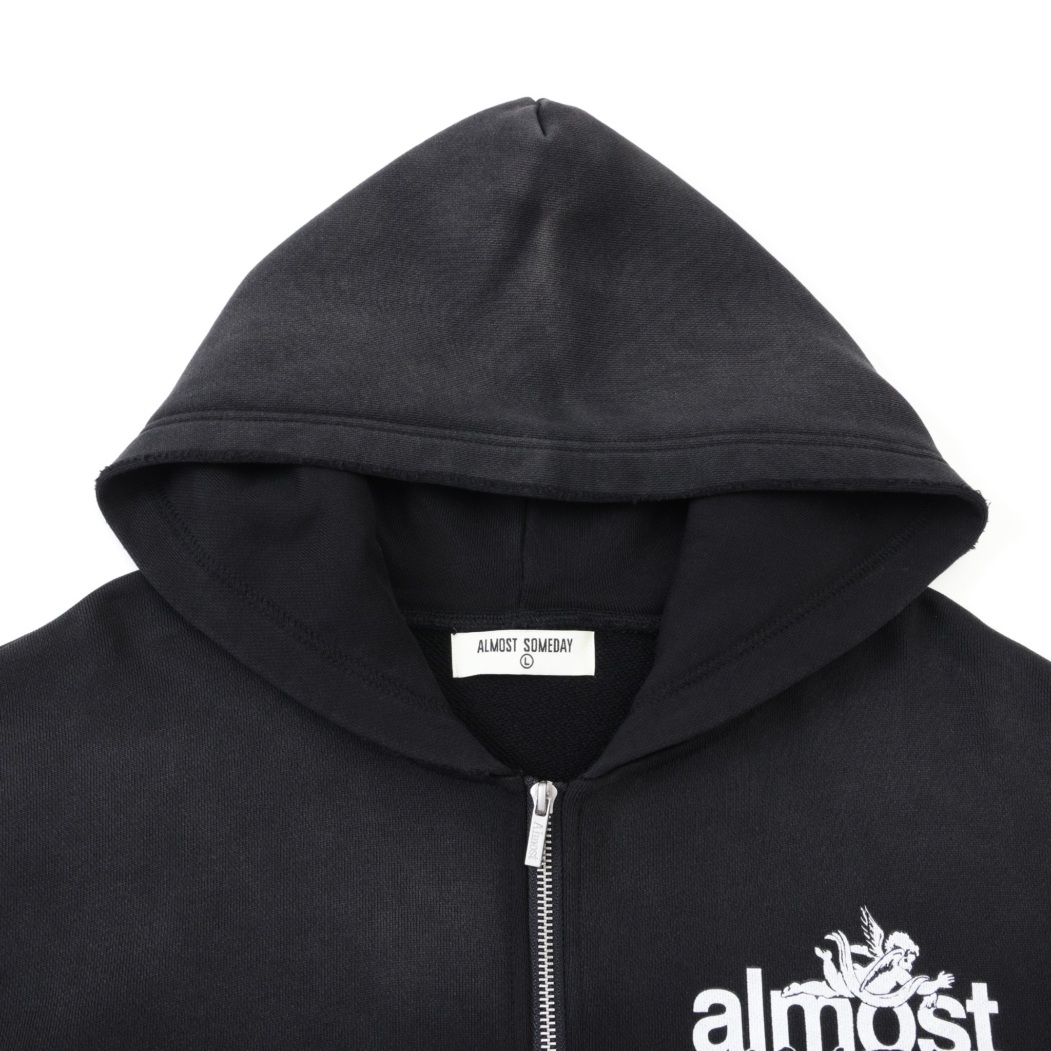 Enemies Zip Hoodie – Black – Close-up of hood, interior ALMOST SOMEDAY label, and zipper pull