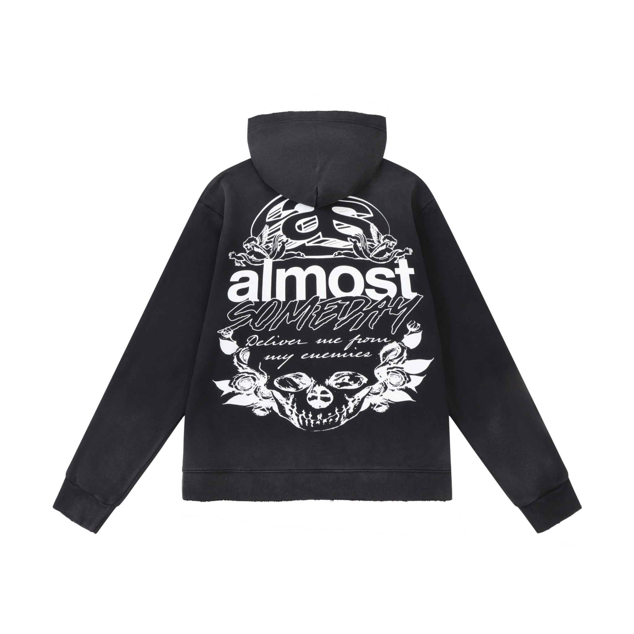 Enemies Zip Hoodie – Black – Back flat lay showing hood and large white lettering, cherubs, roses, and skull artwork