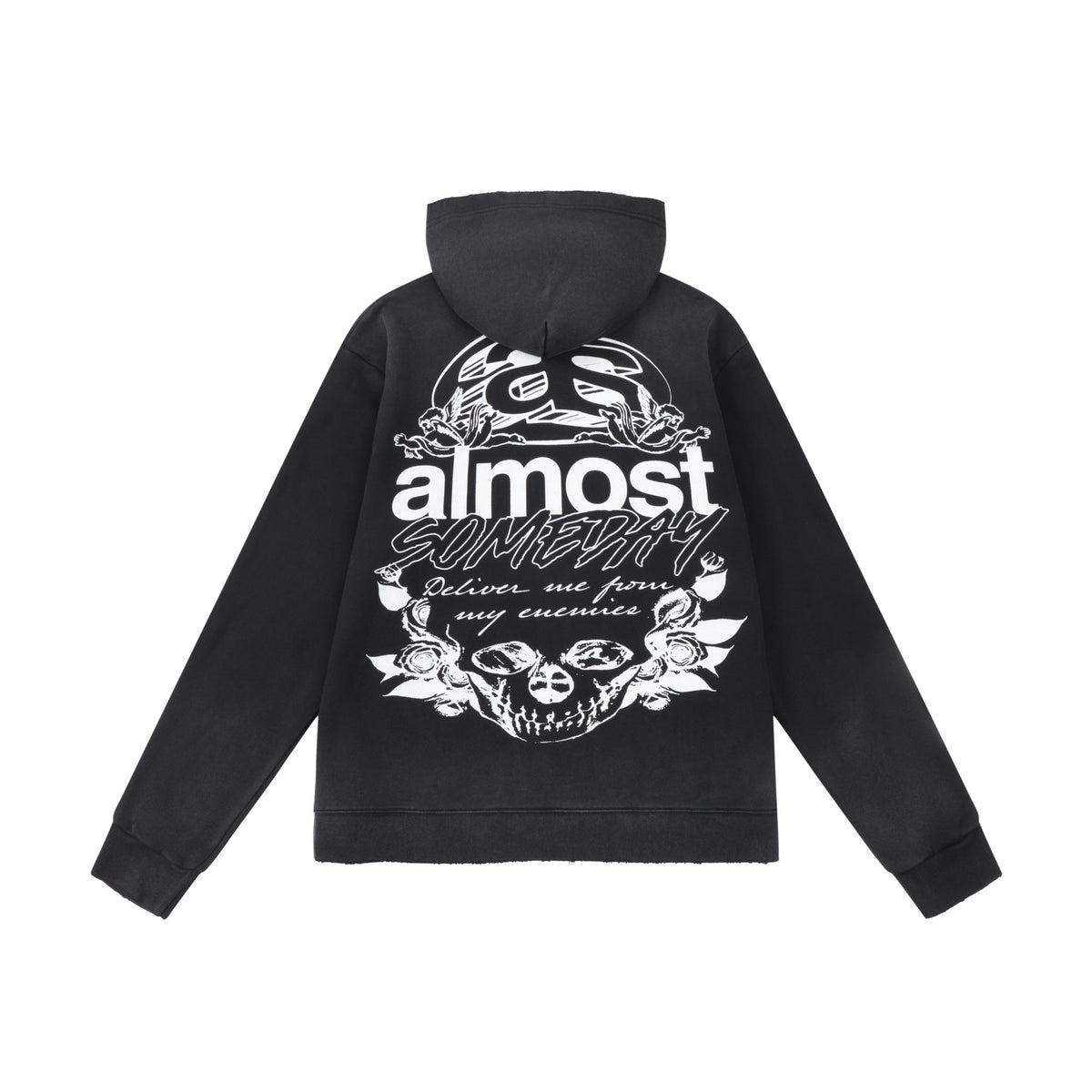 Enemies Zip Hoodie – Black – Back flat lay showing hood and large white lettering, cherubs, roses, and skull artwork
