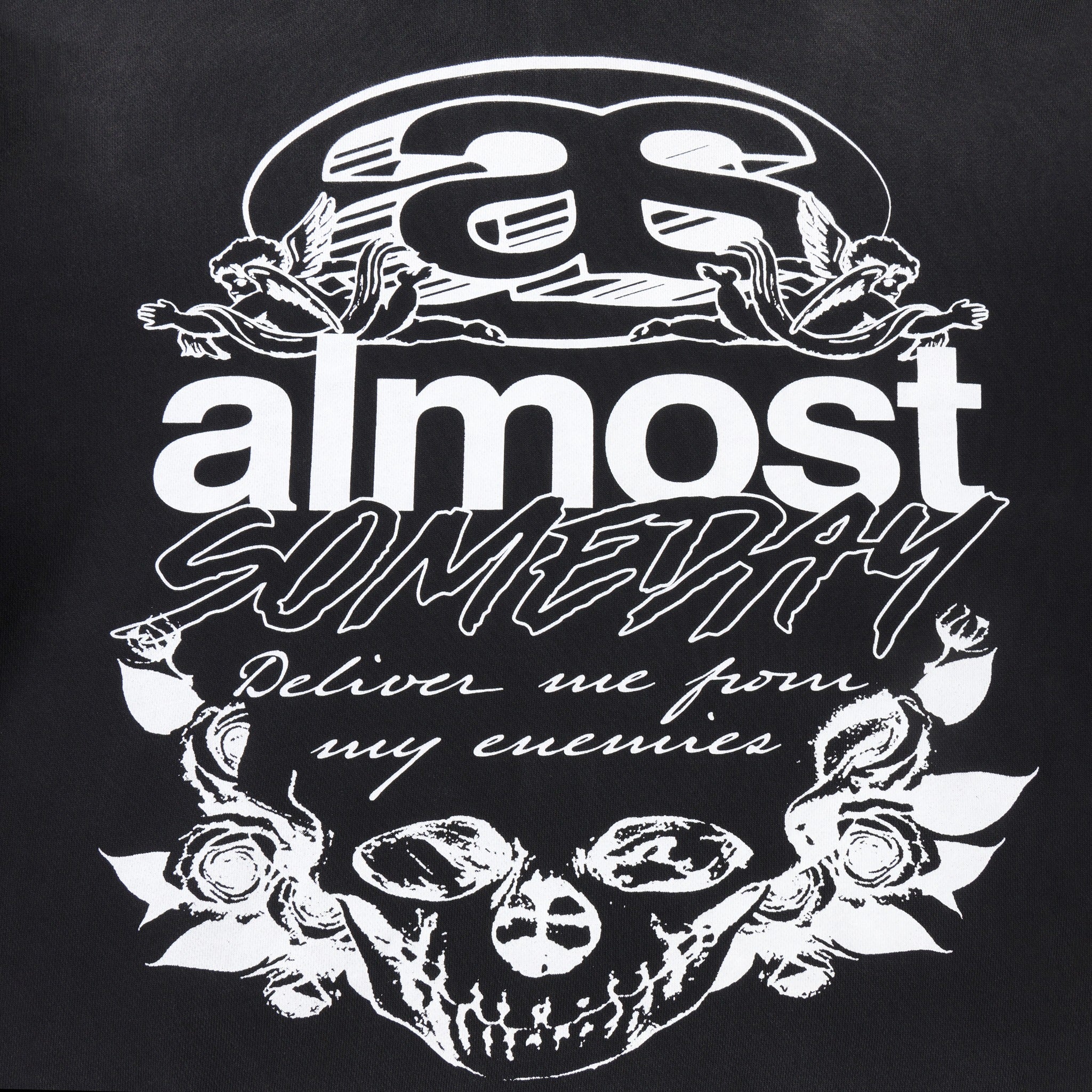 Enemies Zip Hoodie – Black – Close-up of back artwork with skull, roses, cherubs, and Deliver me from my enemies lettering