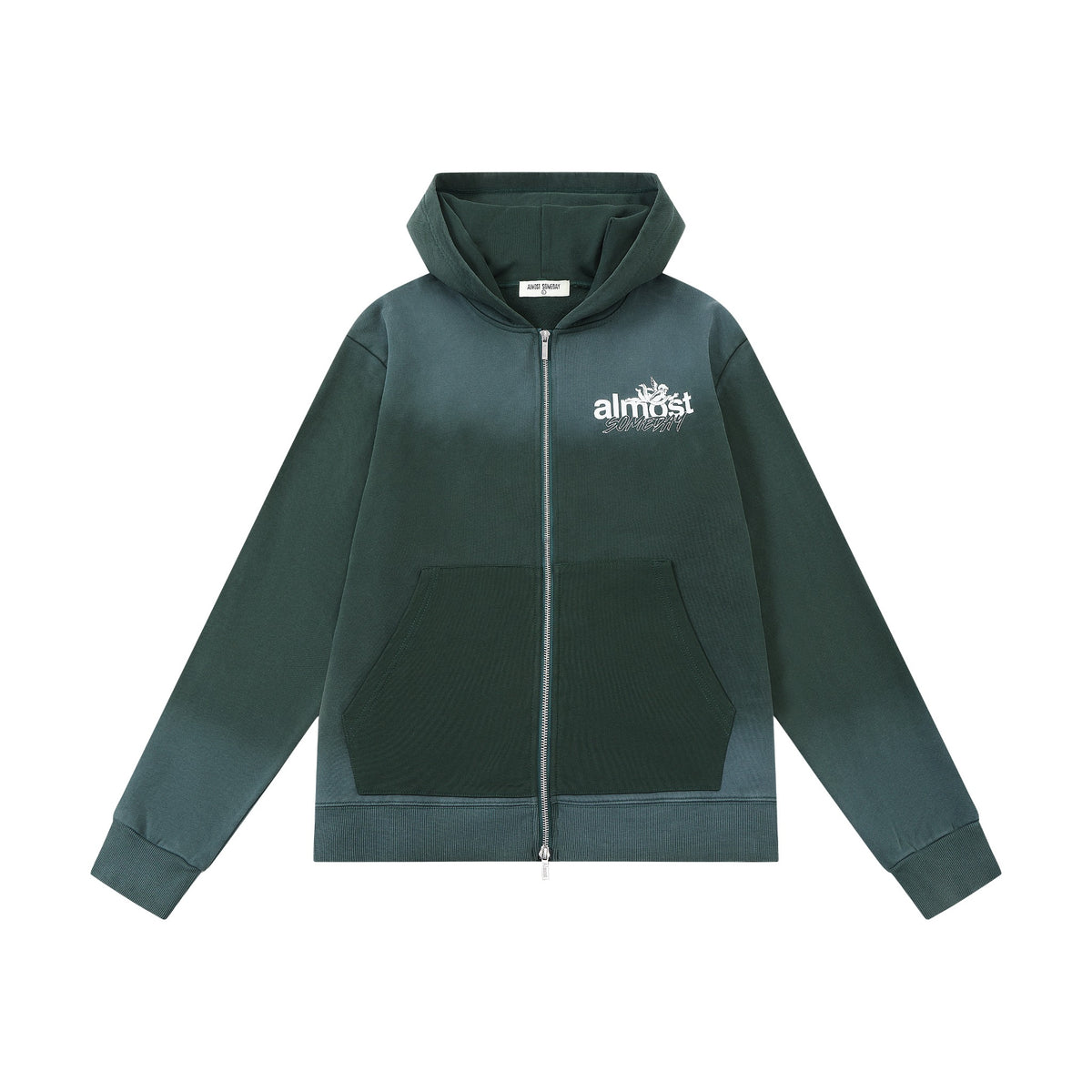 Enemies Zip Hoodie – Green – Front flat lay showing full zipper, hood, white chest logo, and dark green front pockets