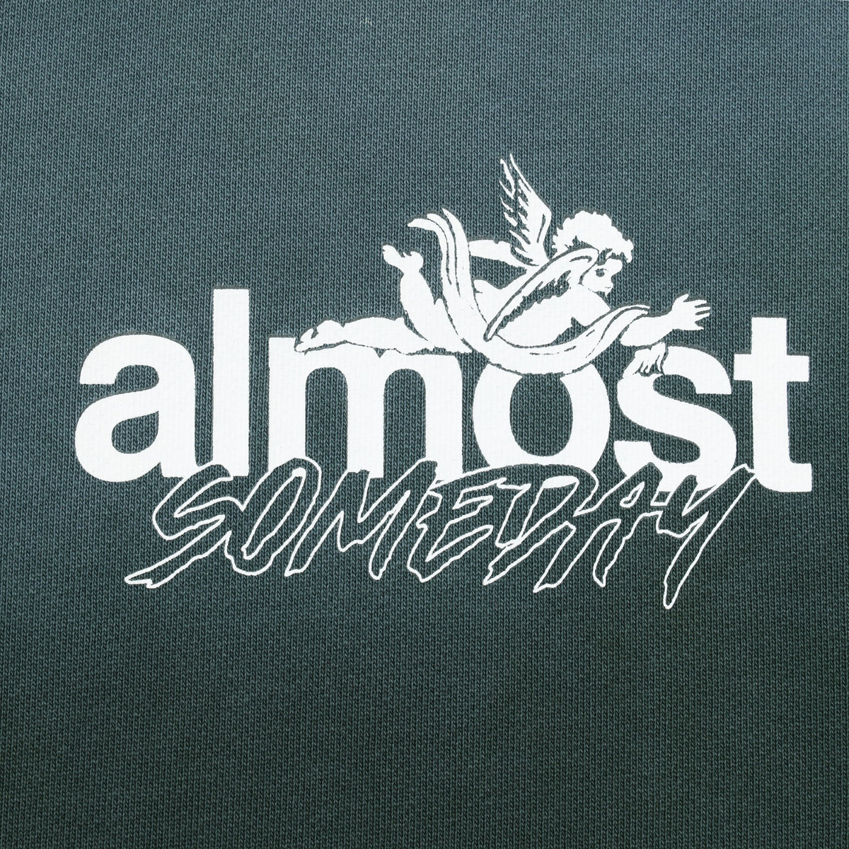 Enemies Zip Hoodie – Green – Close-up of white ALMOST SOMEDAY chest lettering and winged figure logo