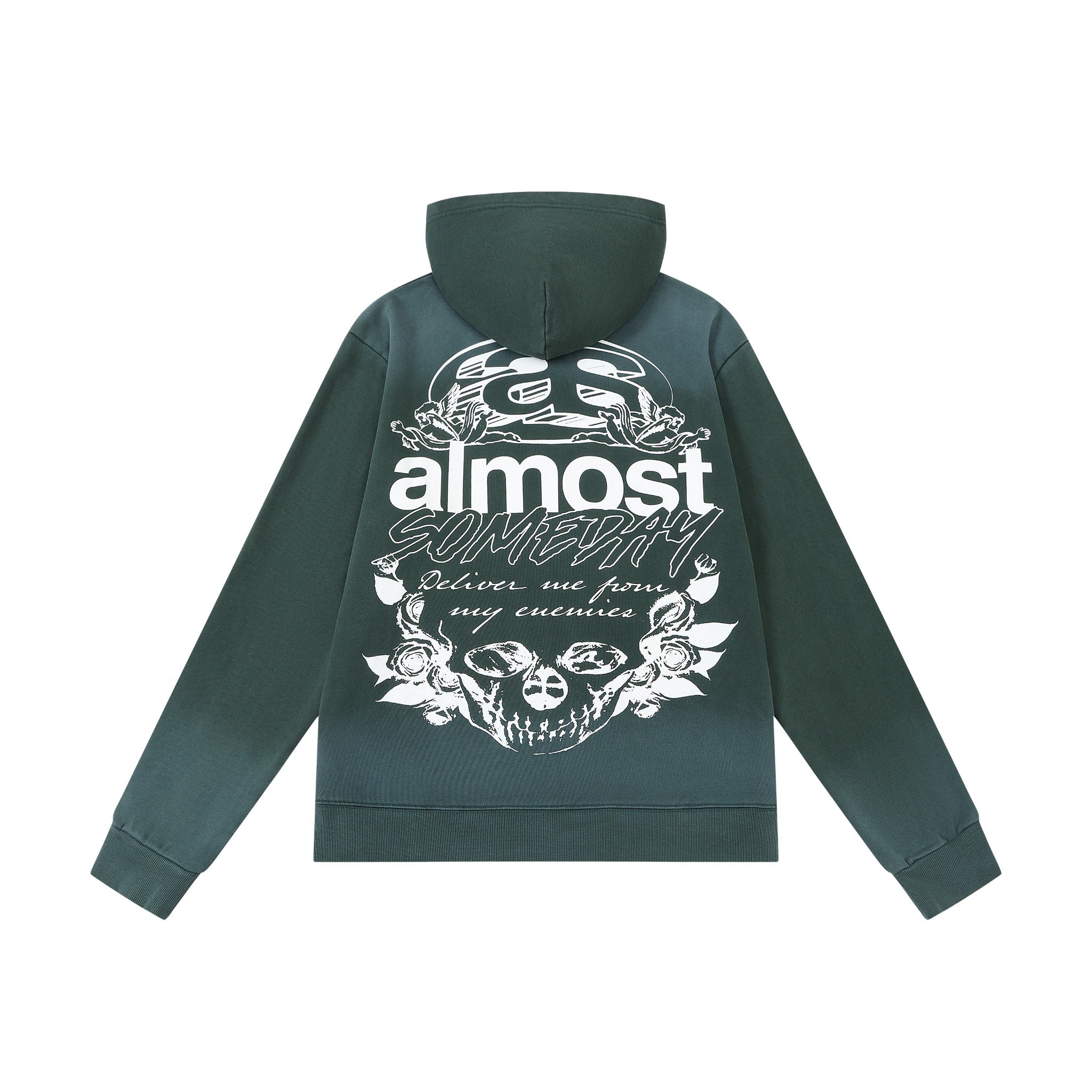 Enemies Zip Hoodie – Green – Back flat lay showing hood and large white lettering, cherubs, roses, and skull artwork
