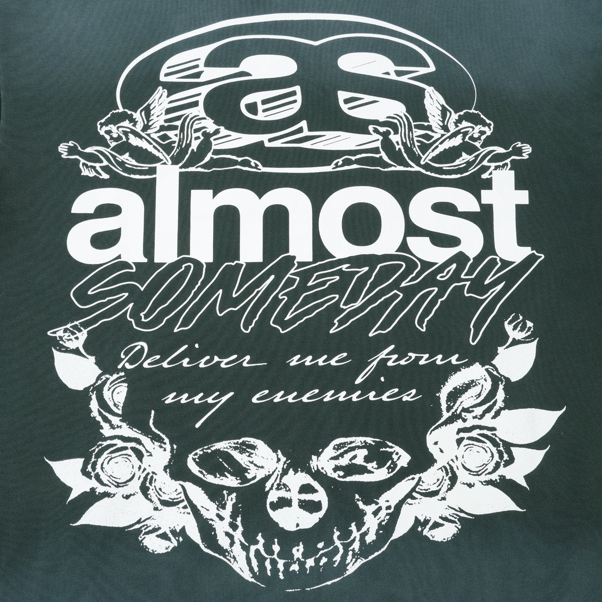 Enemies Zip Hoodie – Green – Close-up of back artwork with skull, roses, cherubs, and Deliver me from my enemies lettering