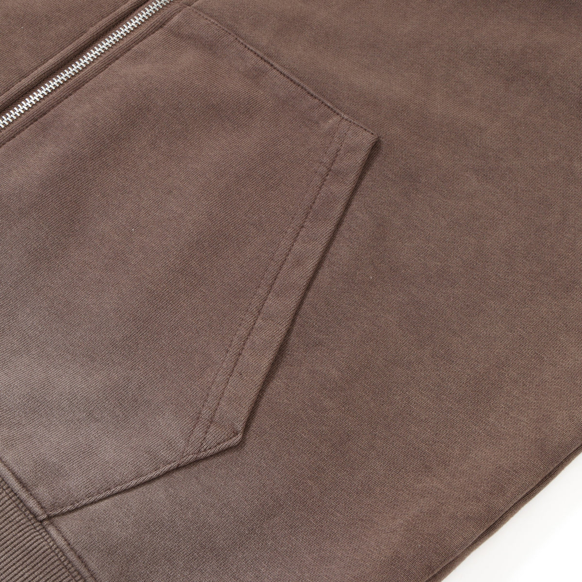 Fountain Hoodie – Brown – Close-up of front pocket stitching and silver-tone zipper