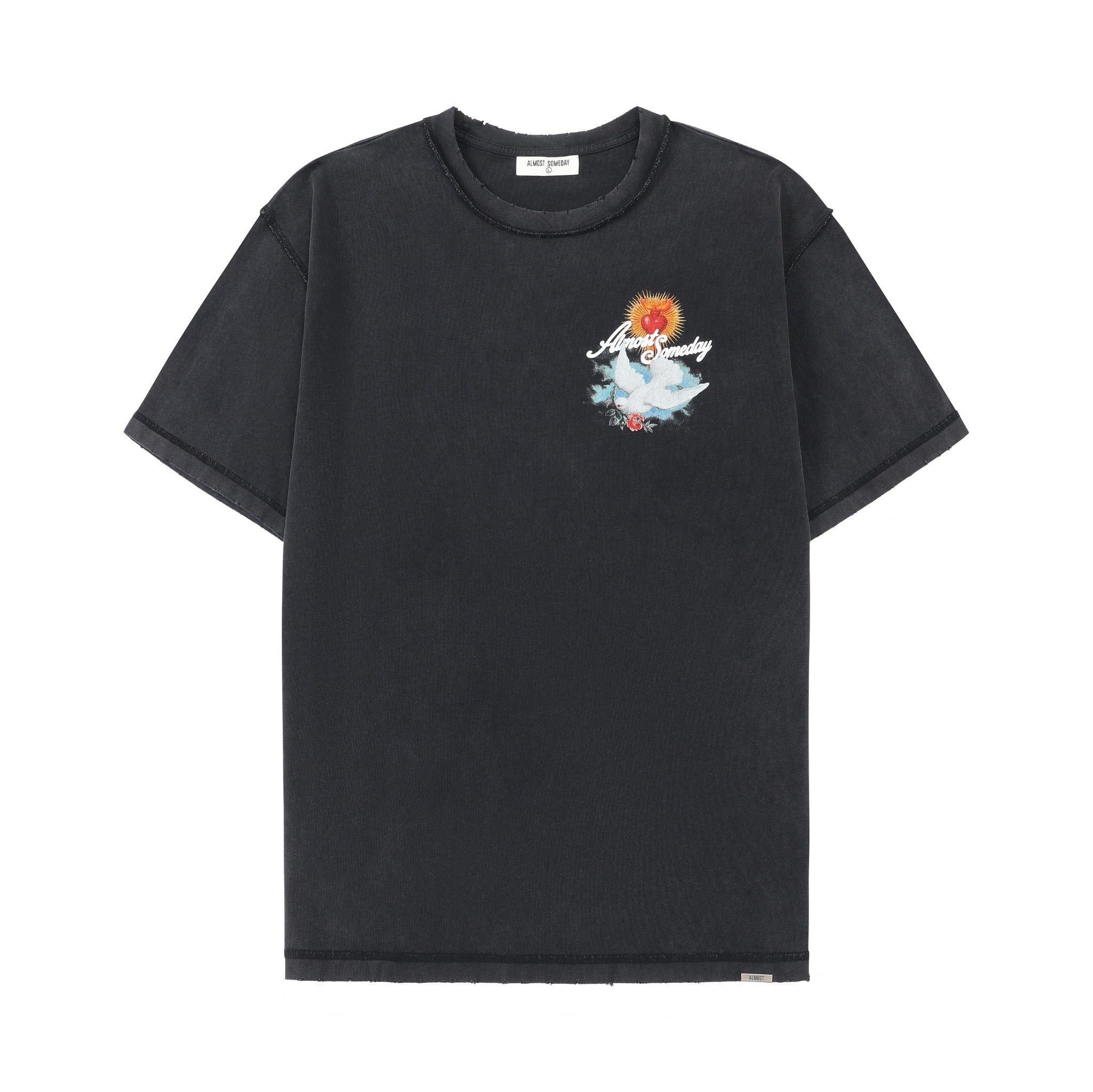 Fountain Tee – Black – Front flat lay showing chest graphic, crewneck, and short sleeves