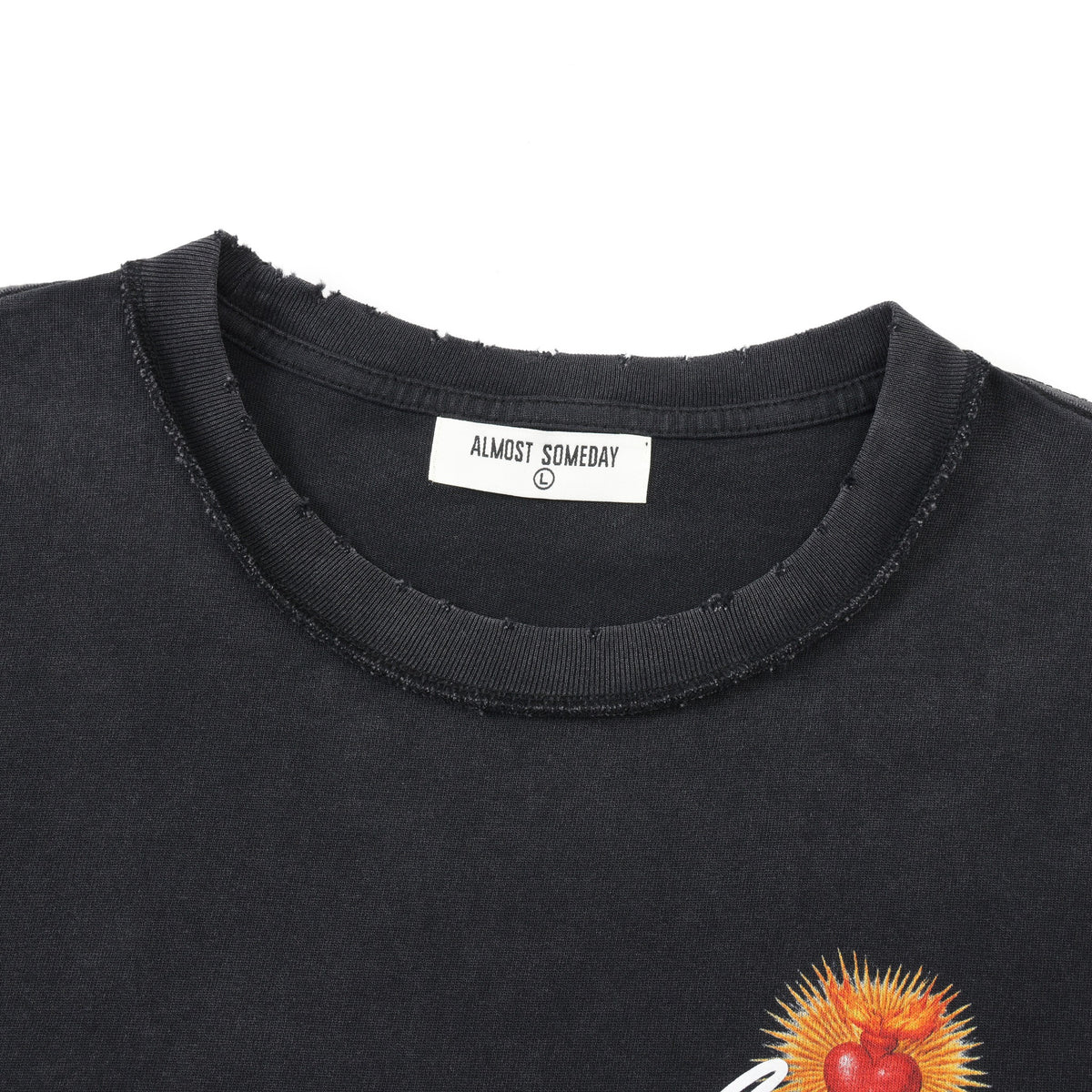Fountain Tee – Black – Close-up of distressed ribbed crewneck and interior ALMOST SOMEDAY label