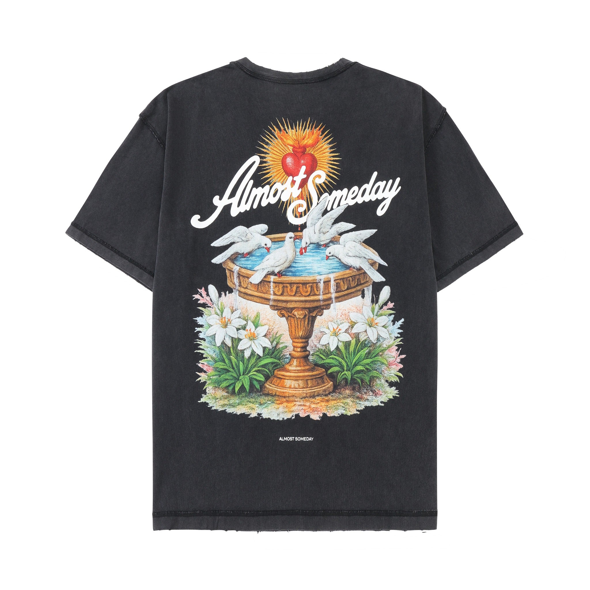Fountain Tee – Black – Back flat lay showing fountain, white doves, flowers, red heart, and ALMOST SOMEDAY lettering