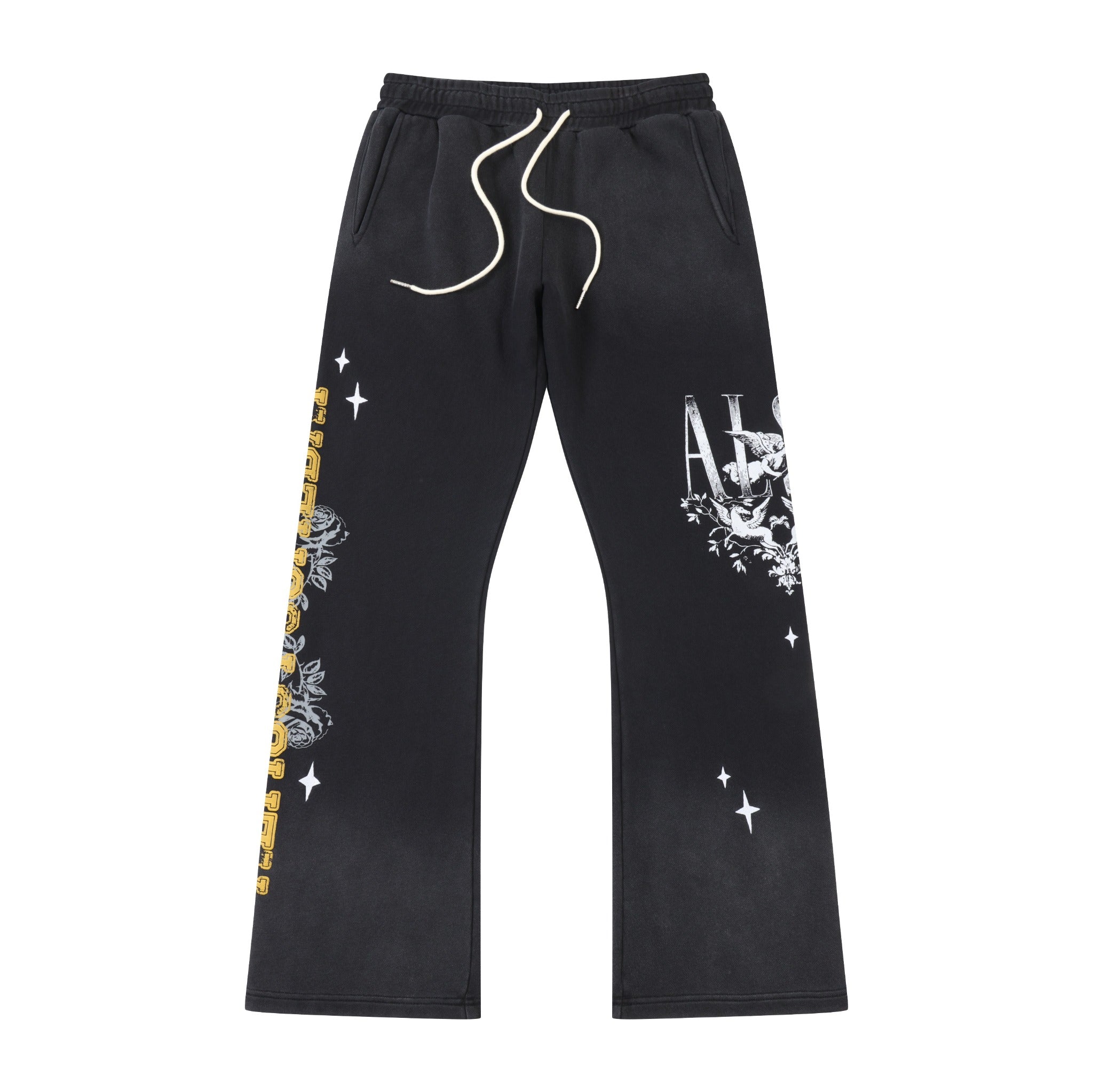 League Flare Sweatpants – Black – Front flat lay showing elastic waistband, white drawstrings, and flared graphic legs