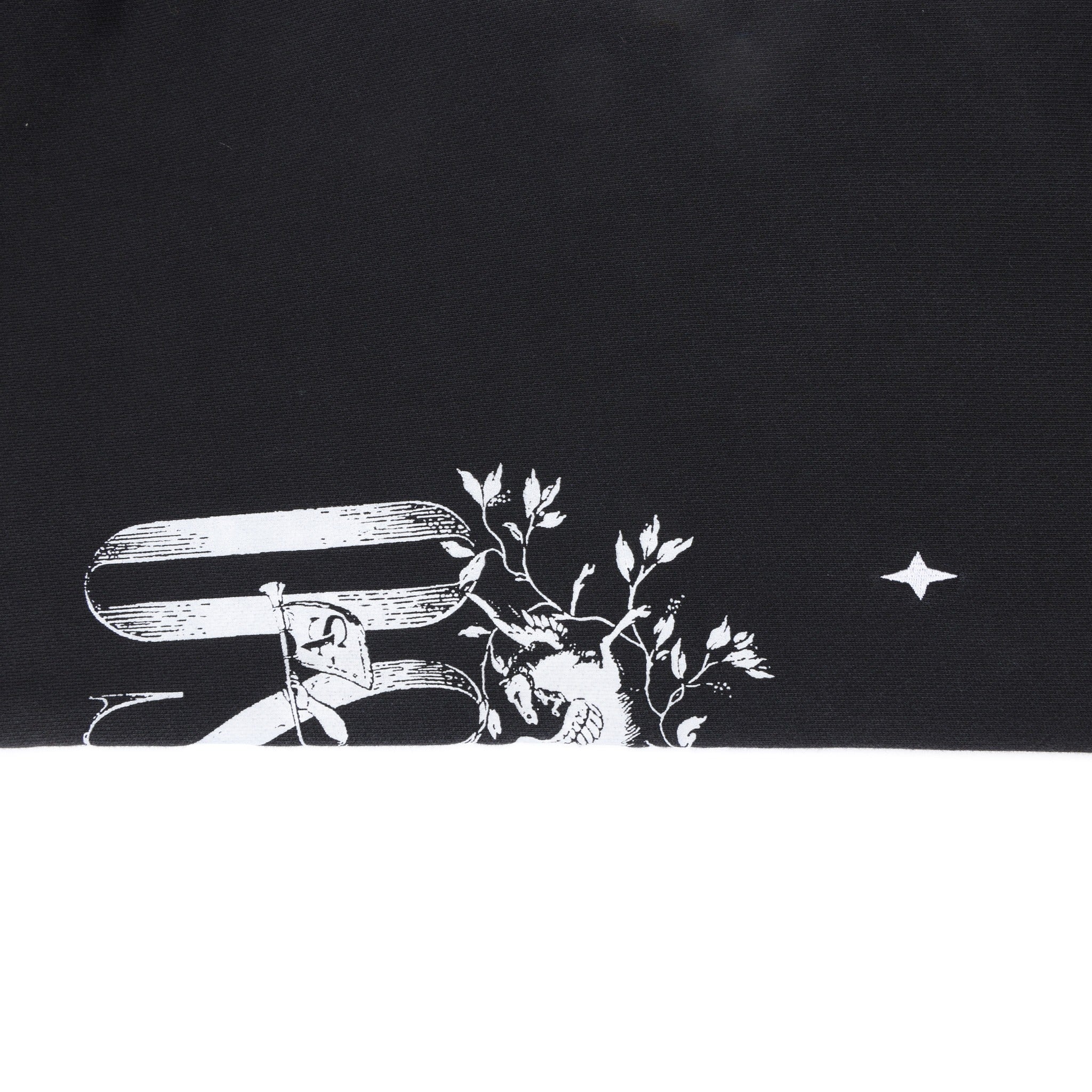 League Flare Sweatpants – Black – Close-up of leg fabric with partial white lettering, winged figure, and star graphic