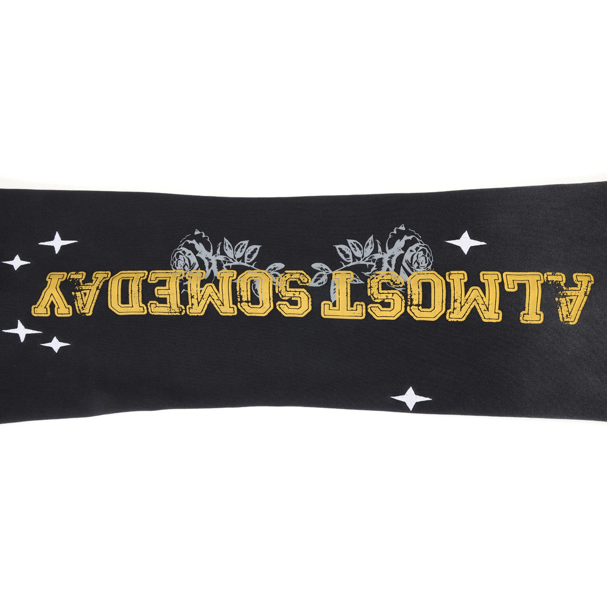 League Flare Sweatpants – Black – Close-up of yellow ALMOST SOMEDAY leg lettering with grey roses and white stars