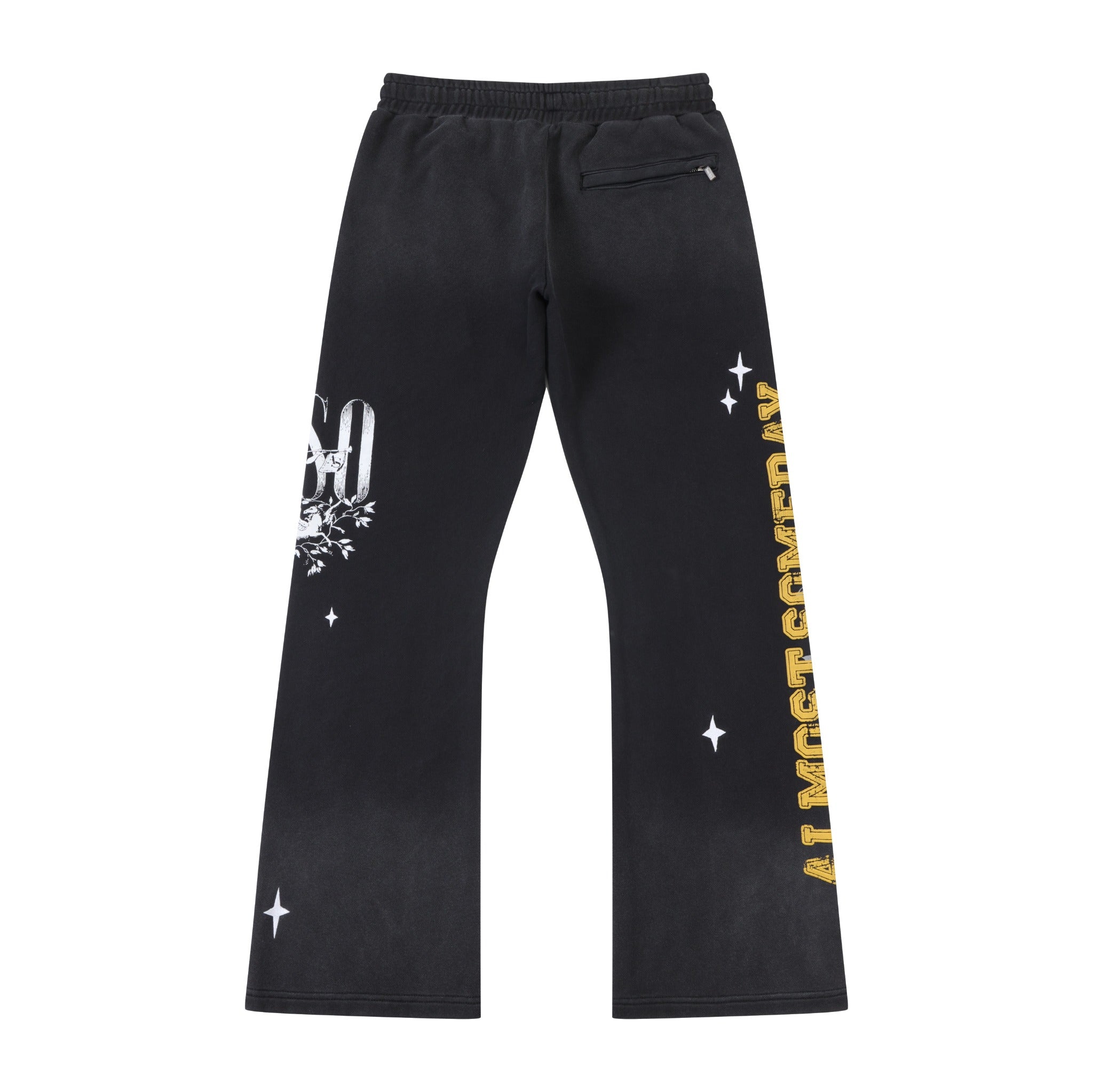 League Flare Sweatpants – Black – Back flat lay showing zippered pocket, flared legs, and contrasting side graphics