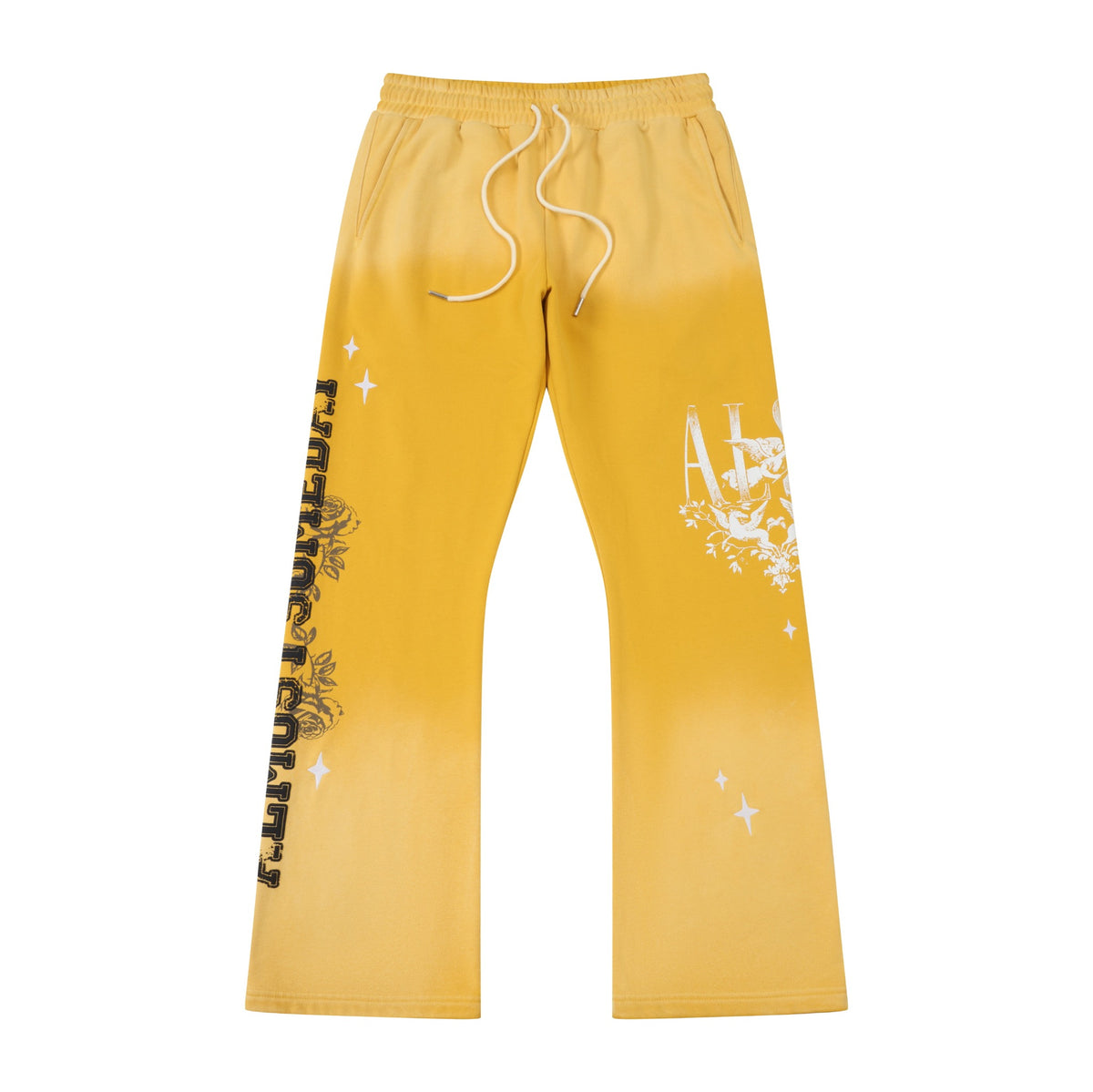 League Flare Sweatpants – Yellow – Front flat lay showing elastic waistband, white drawstrings, and flared graphic legs