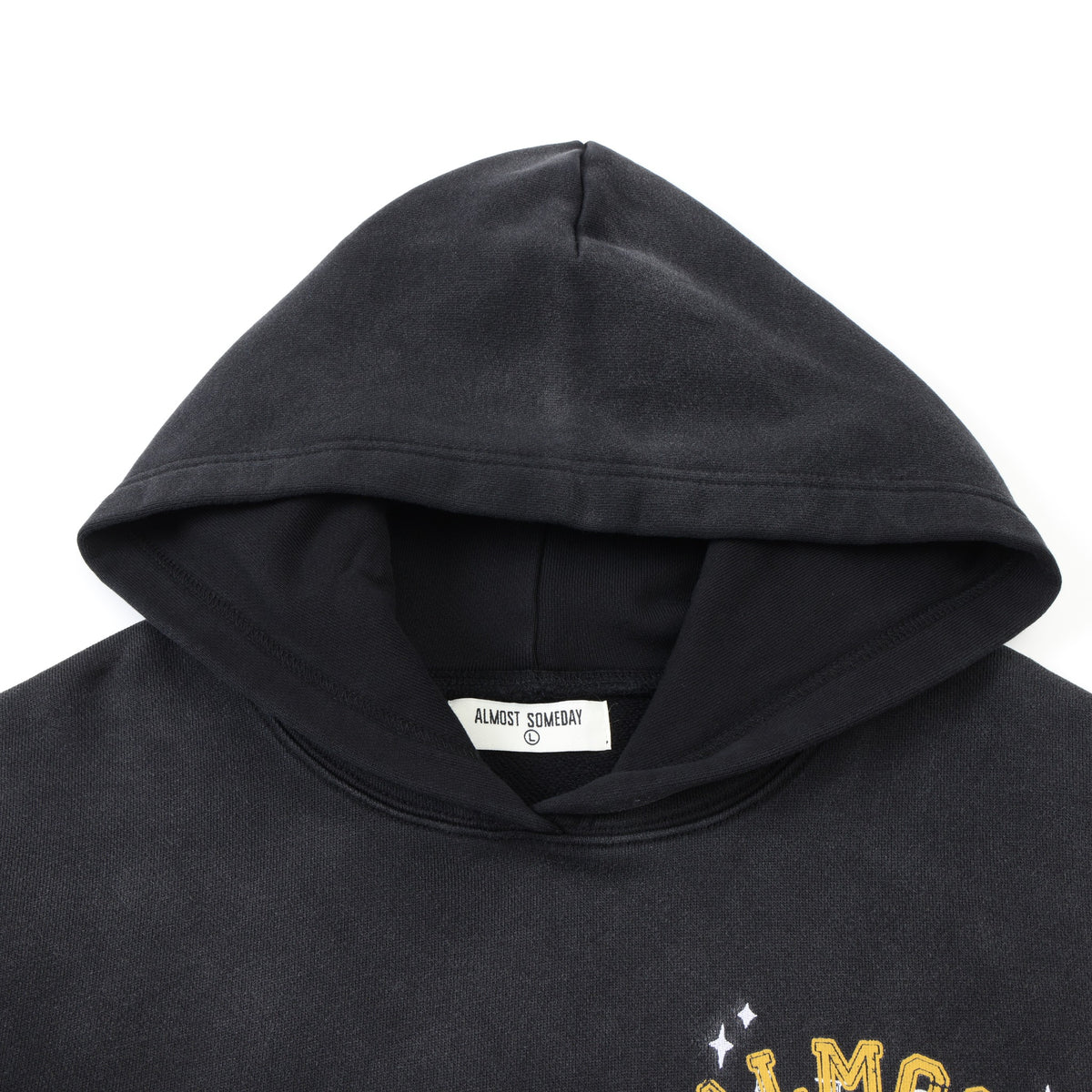 League Hoodie – Black – Close-up of hood and interior ALMOST SOMEDAY label