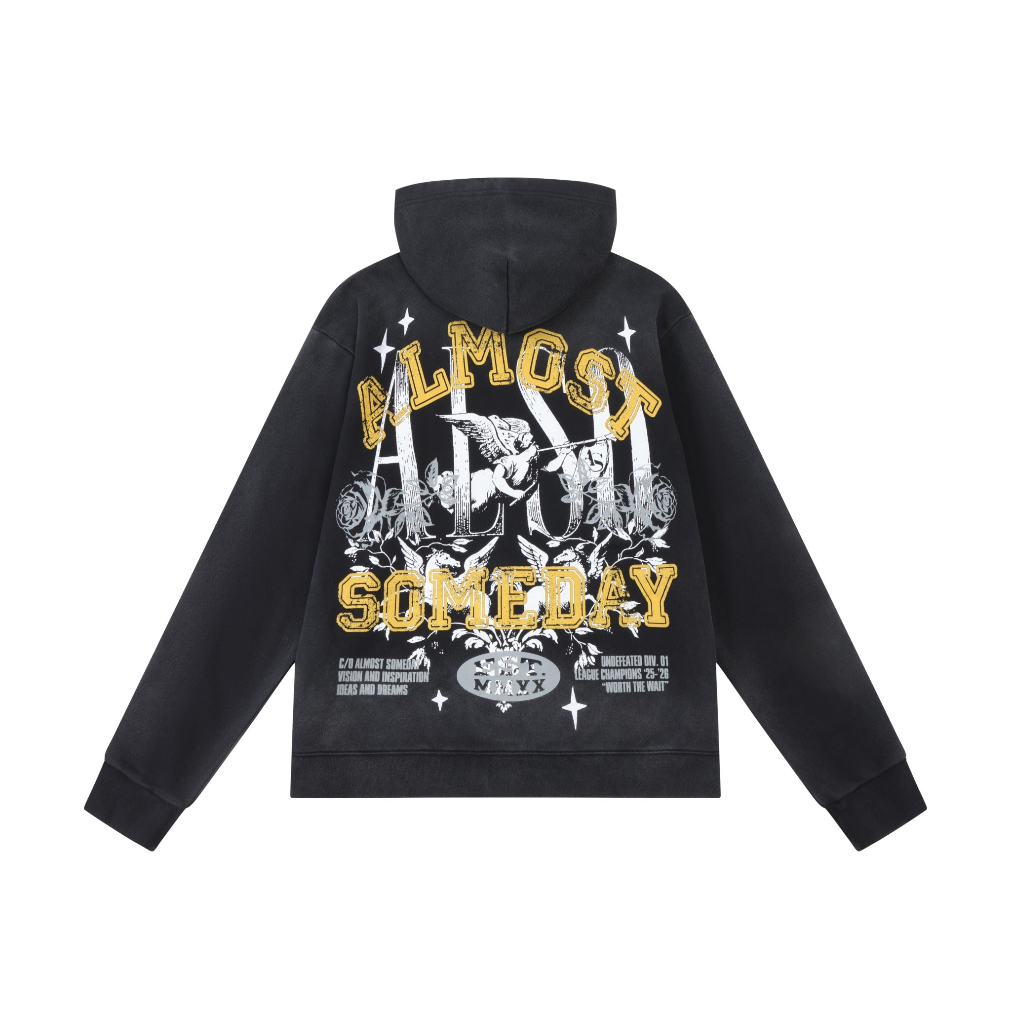 League Hoodie – Black – Back flat lay showing large yellow, white, and grey graphic