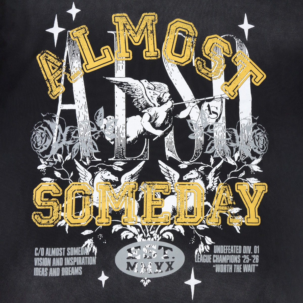 League Hoodie – Black – Close-up of back graphic with ALMOST SOMEDAY lettering, cherub, roses, and stars