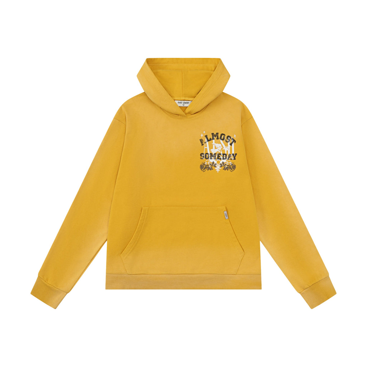 League Hoodie – Yellow – Front flat lay showing chest graphic, hood, and kangaroo pocket