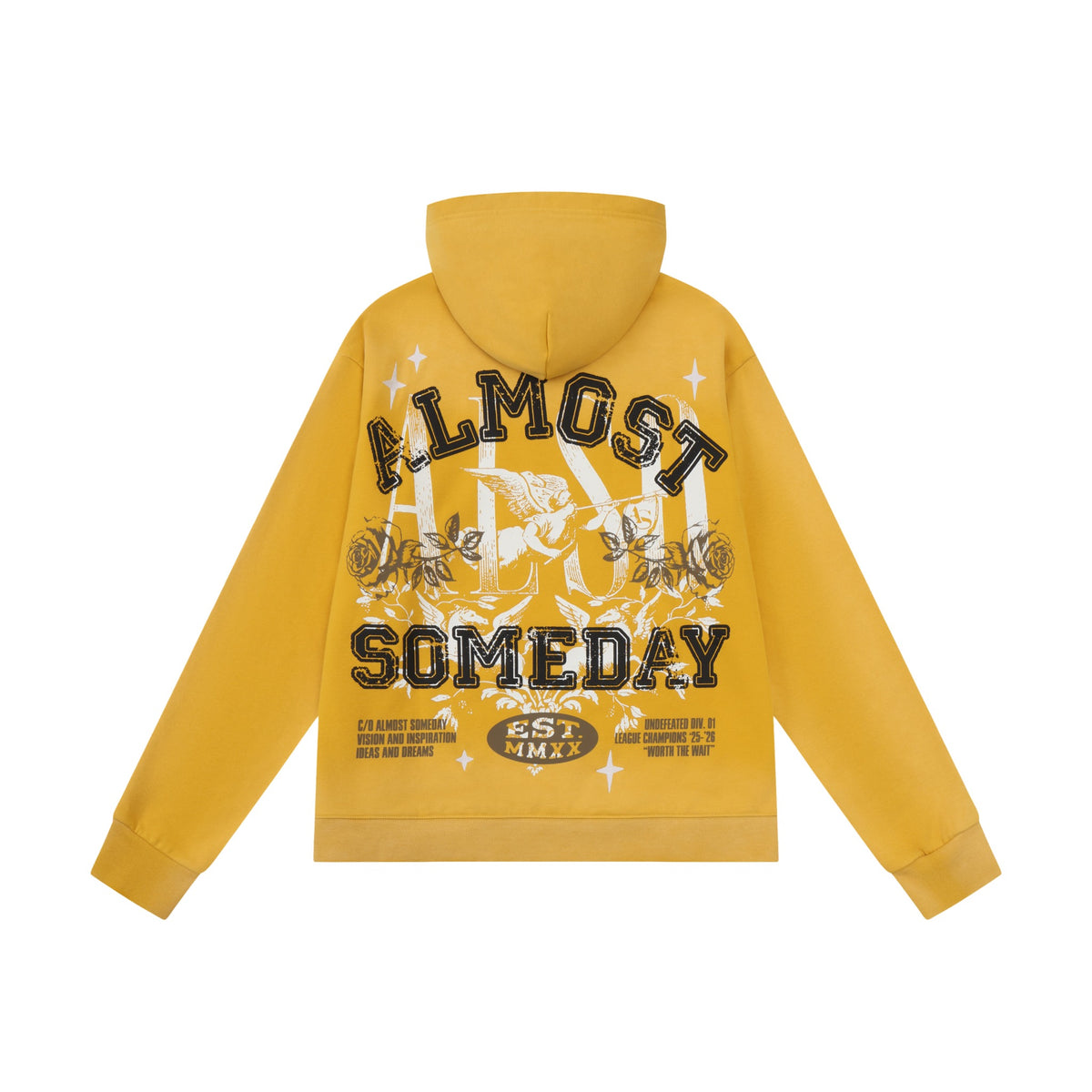 League Hoodie – Yellow – Back flat lay showing large lettering, cherub, roses, and stars