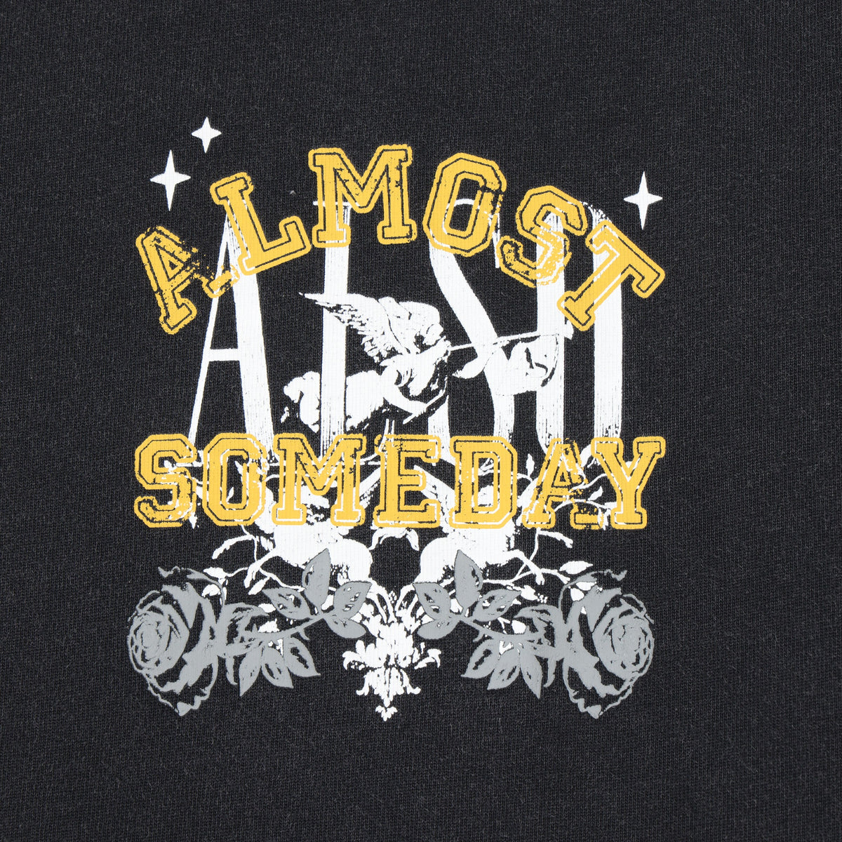 League Tee – Black – Close-up of yellow lettering, white cherub, and grey roses on chest