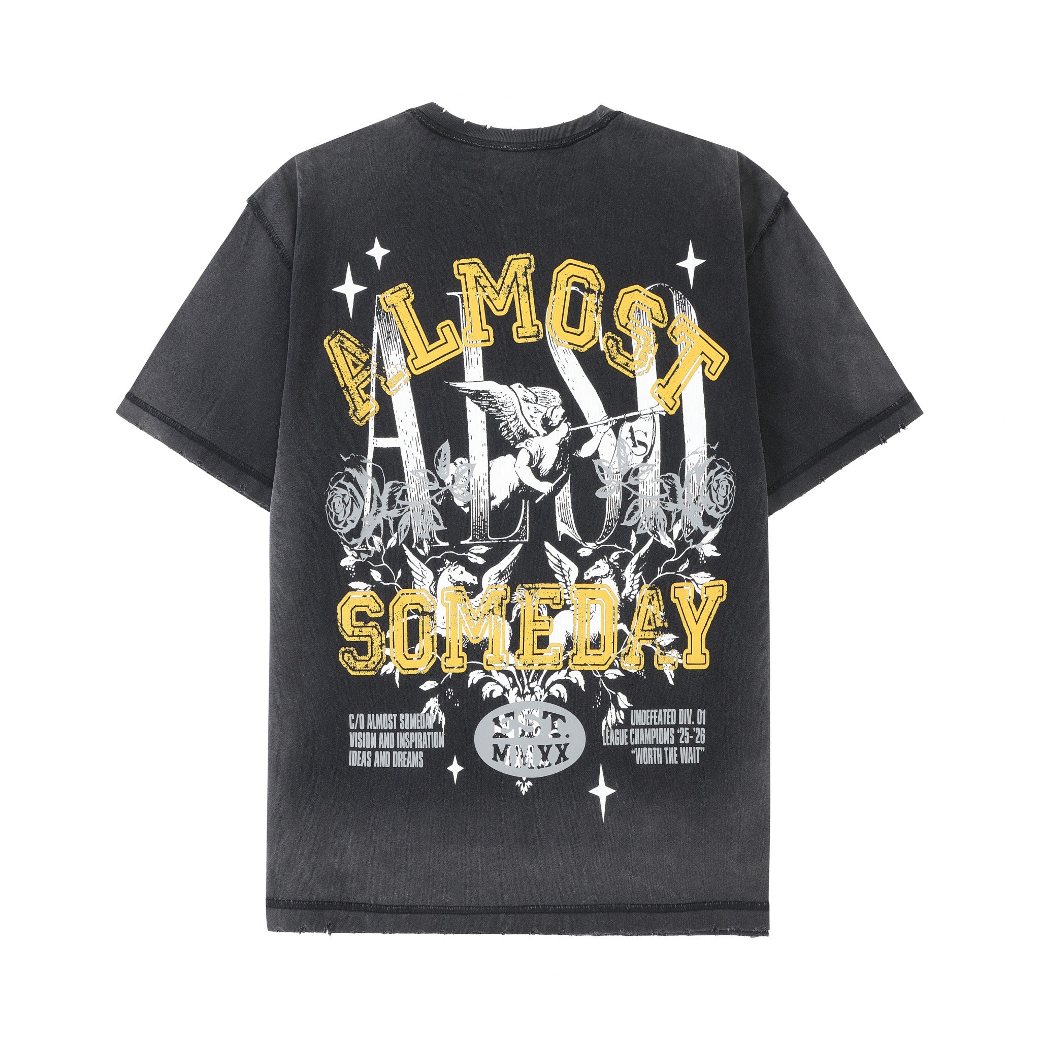 League Tee – Black – Back flat lay showing large yellow, white, and grey graphic