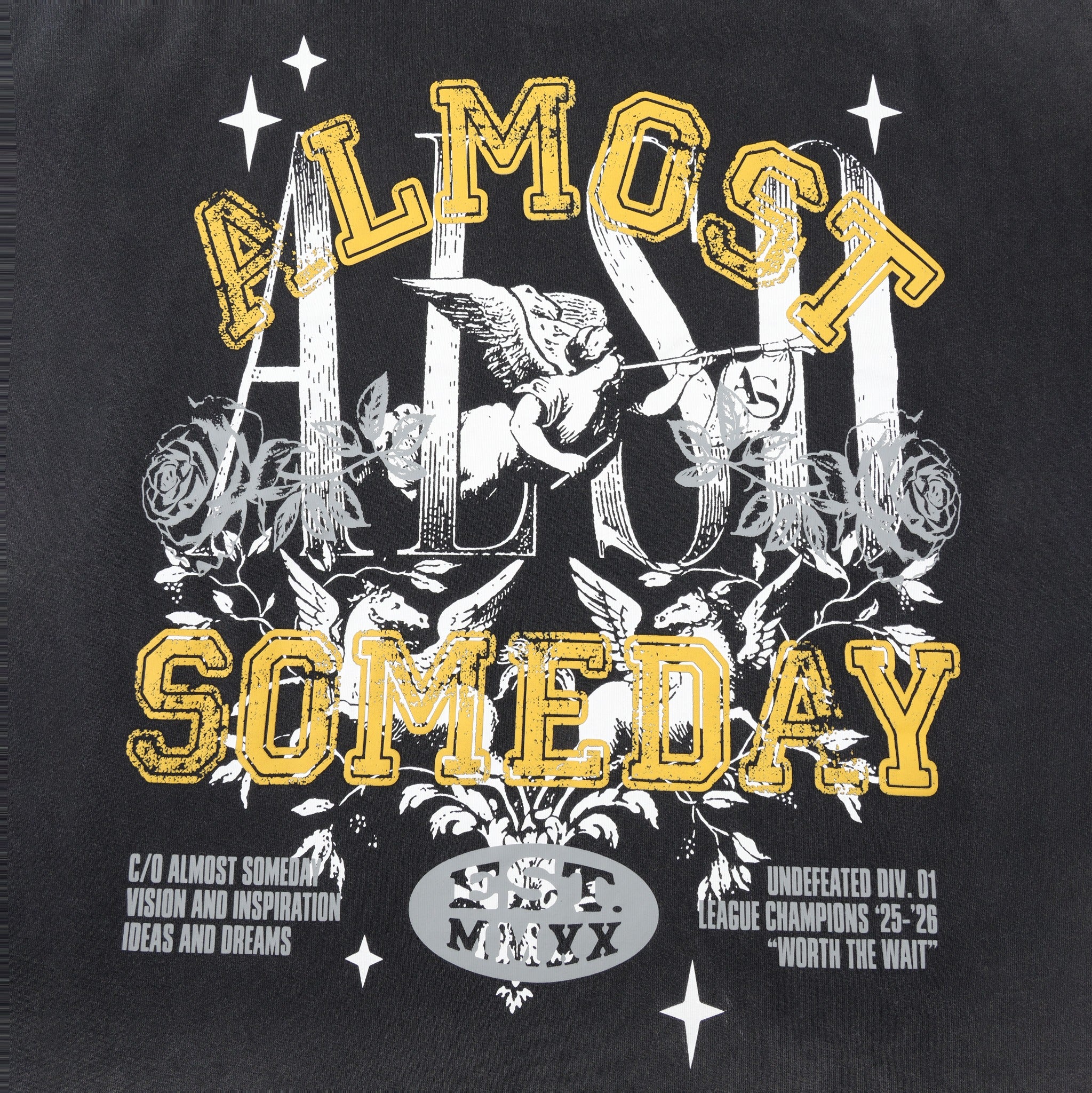 League Tee – Black – Close-up of back graphic with lettering, cherub, roses, and yellow Almost Someday lettering