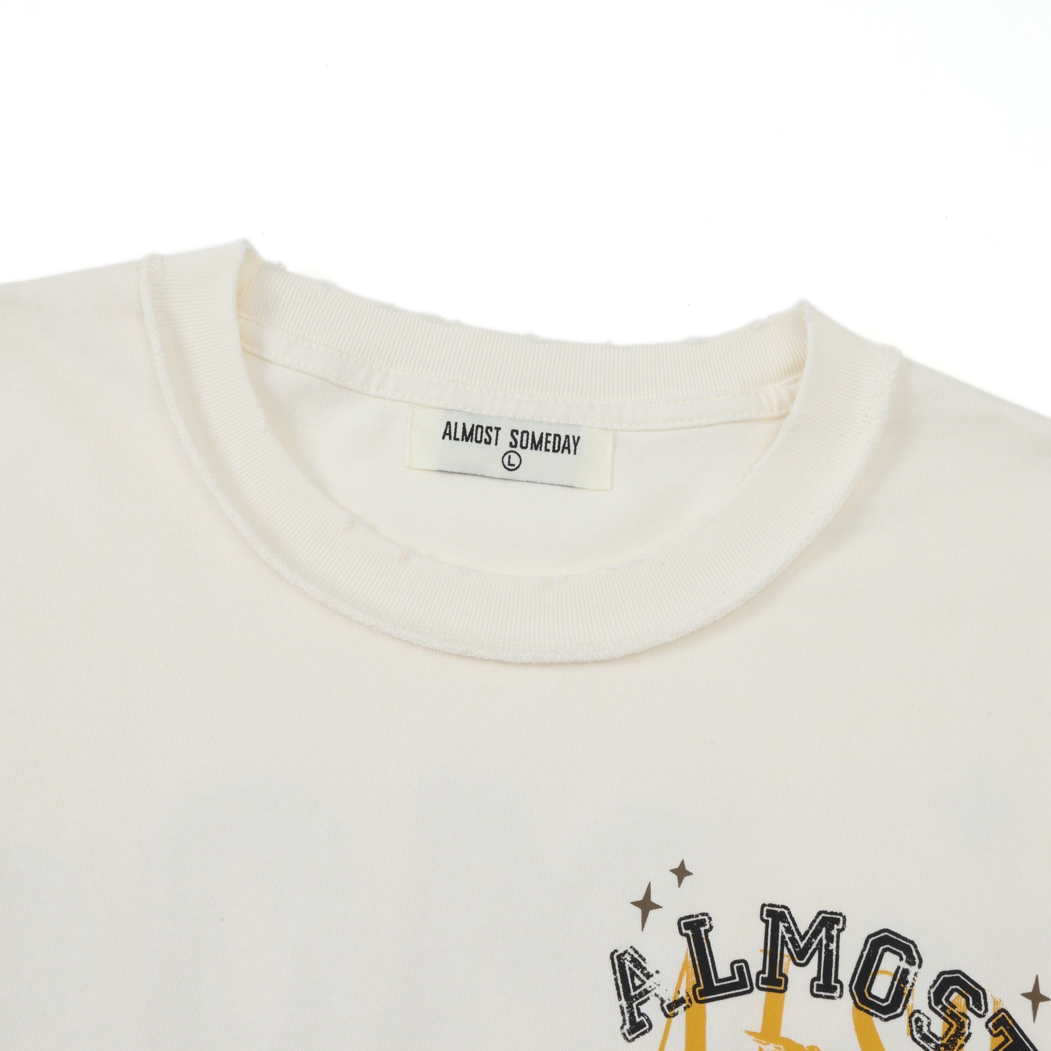 League Tee – Cream – Close-up of crew neckline and interior brand label